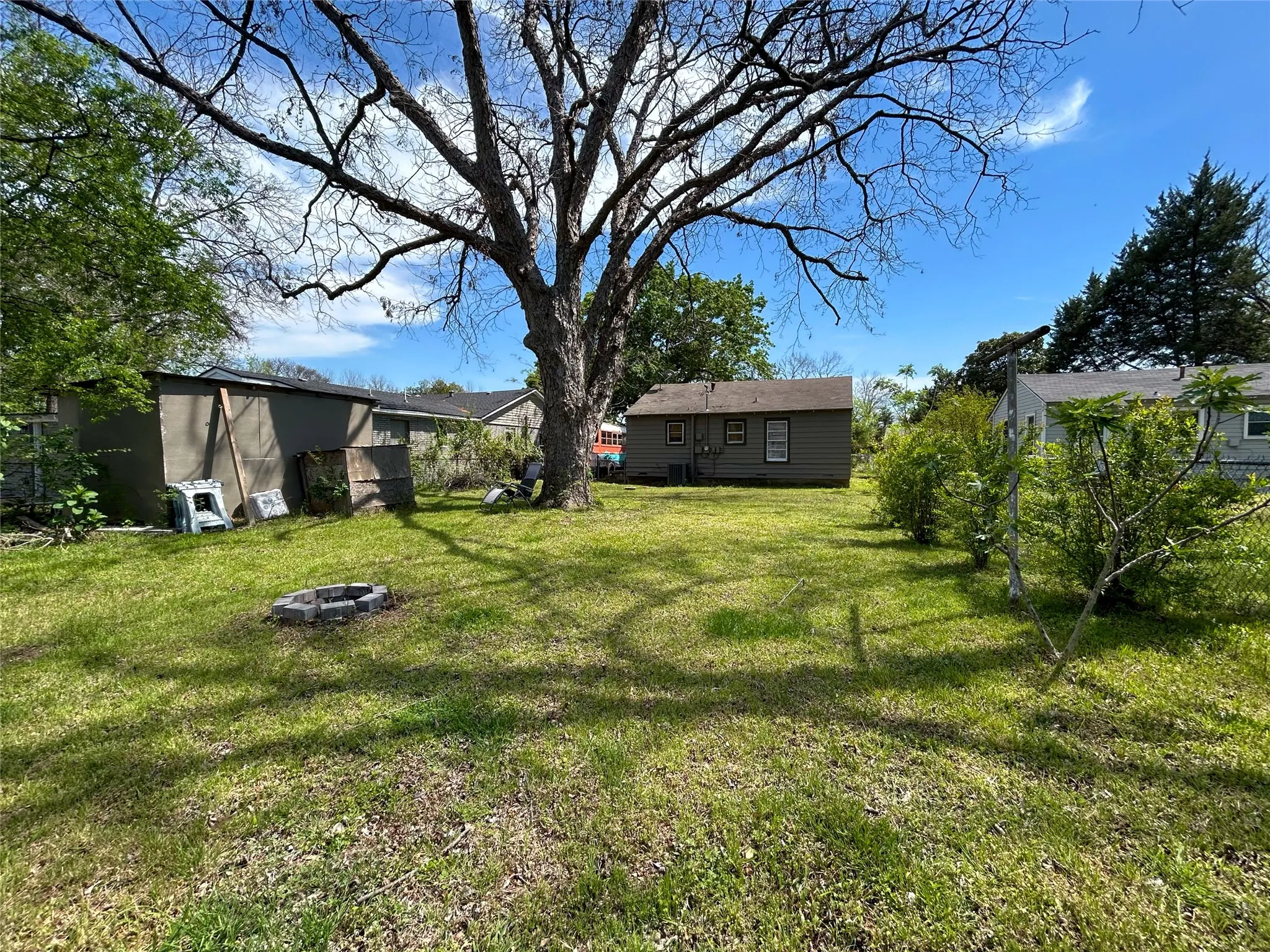 oversized and fenced back yard with mature tree canopy and other fruit trees, additional outbuilding for storage and chicken coop if desired - 516 harlem, waco, tx 76704