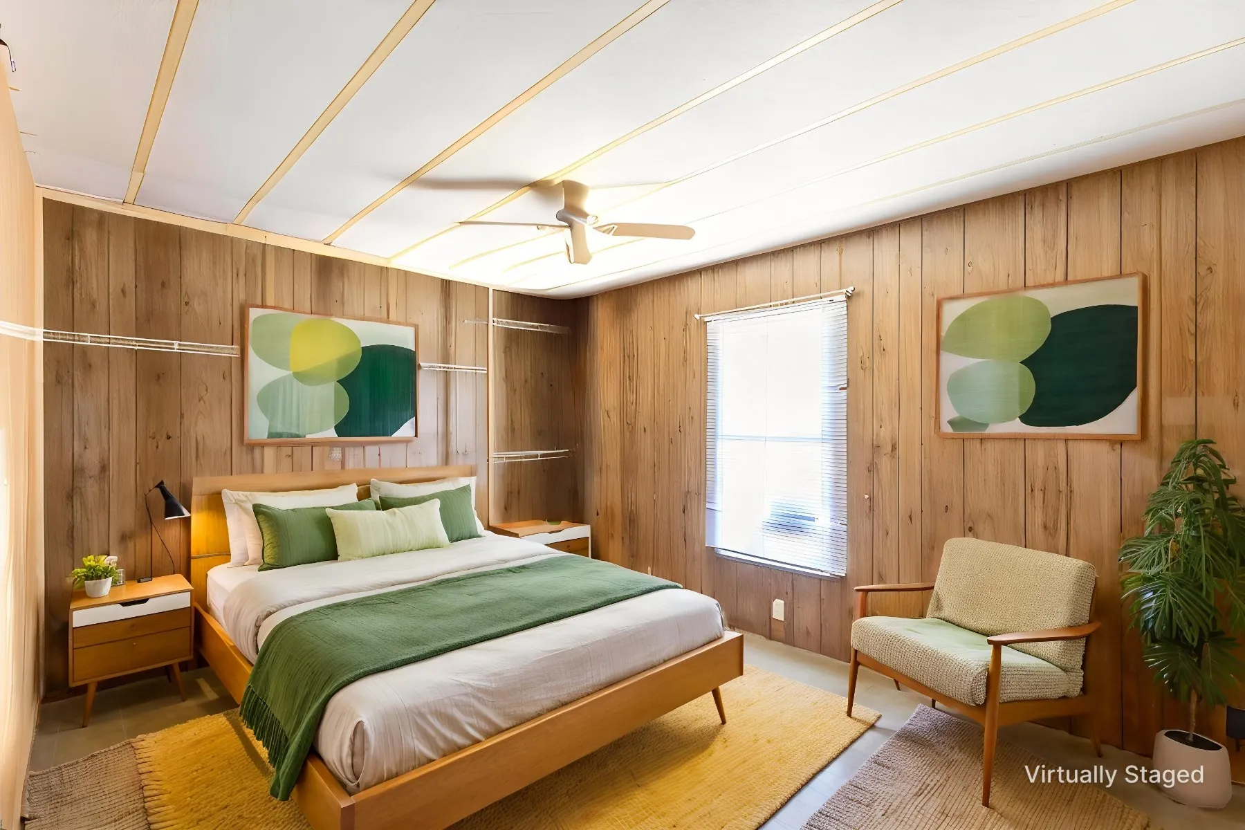 Room featuring wood paneling on walls and a slatted ceiling - virtually staged