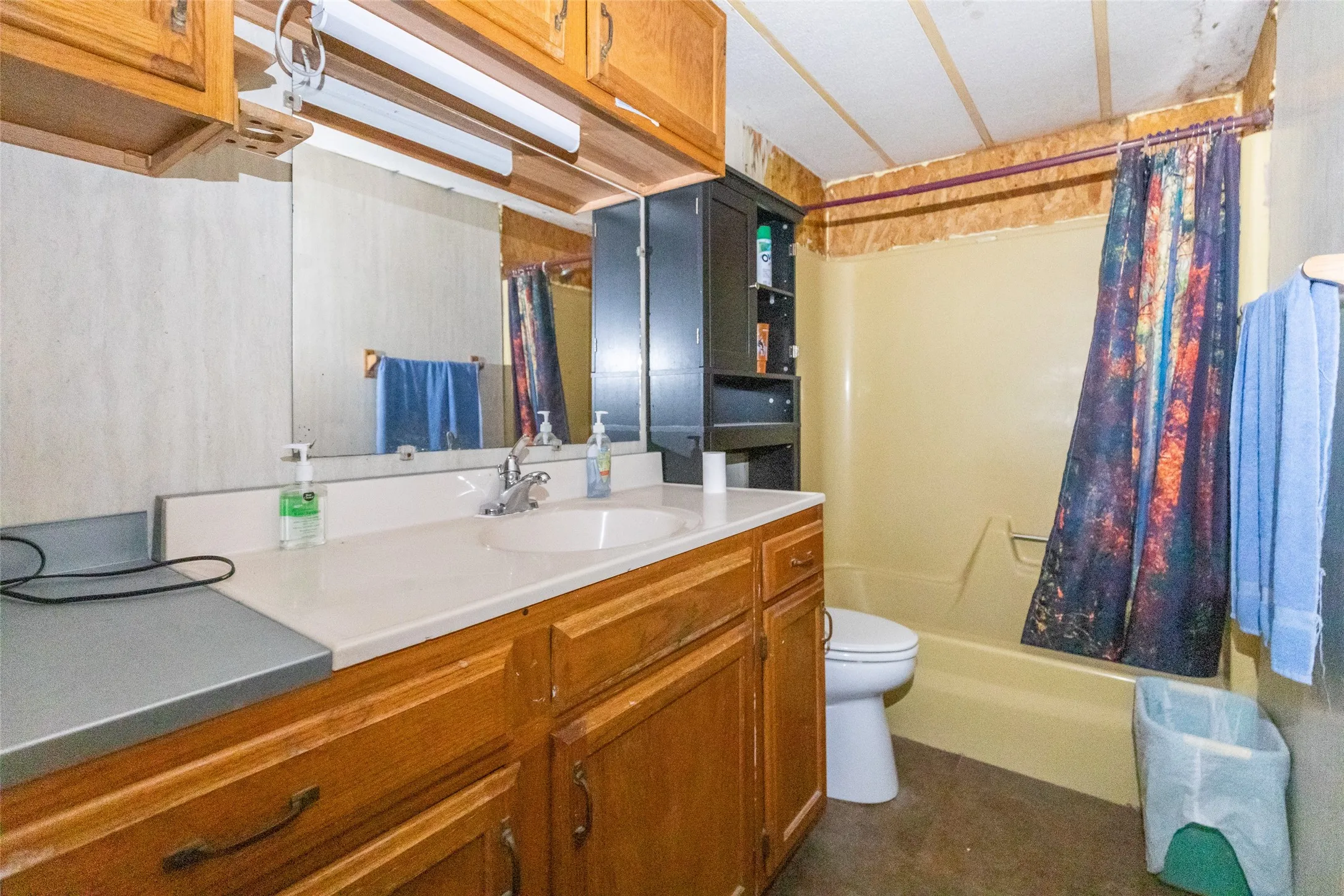 Bathroom featuring a large vanity with an integrated sink, ample wood cabinetry, and a full-width mirror