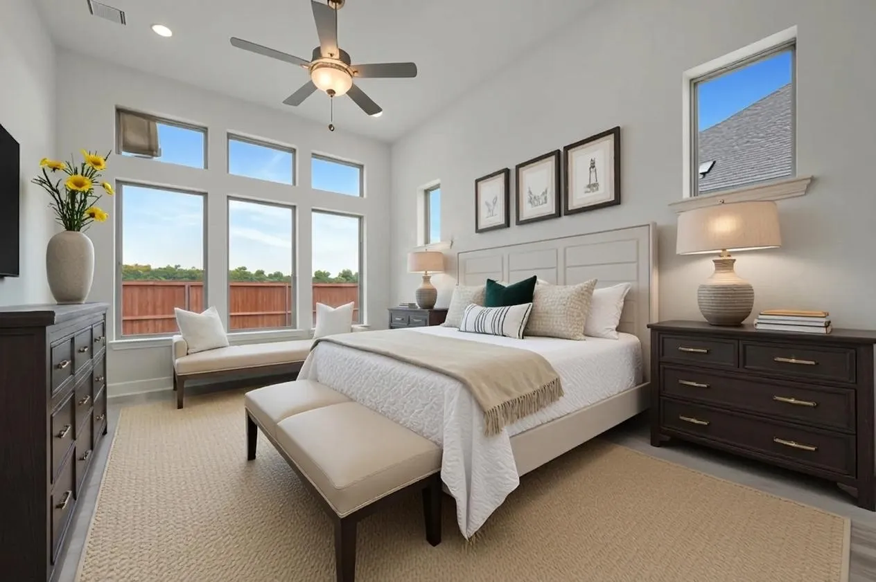 High ceilings with a ceiling fan, light wood-finish flooring, multiple windows providing ample natural light, and a light-colored headboard with panel detailing