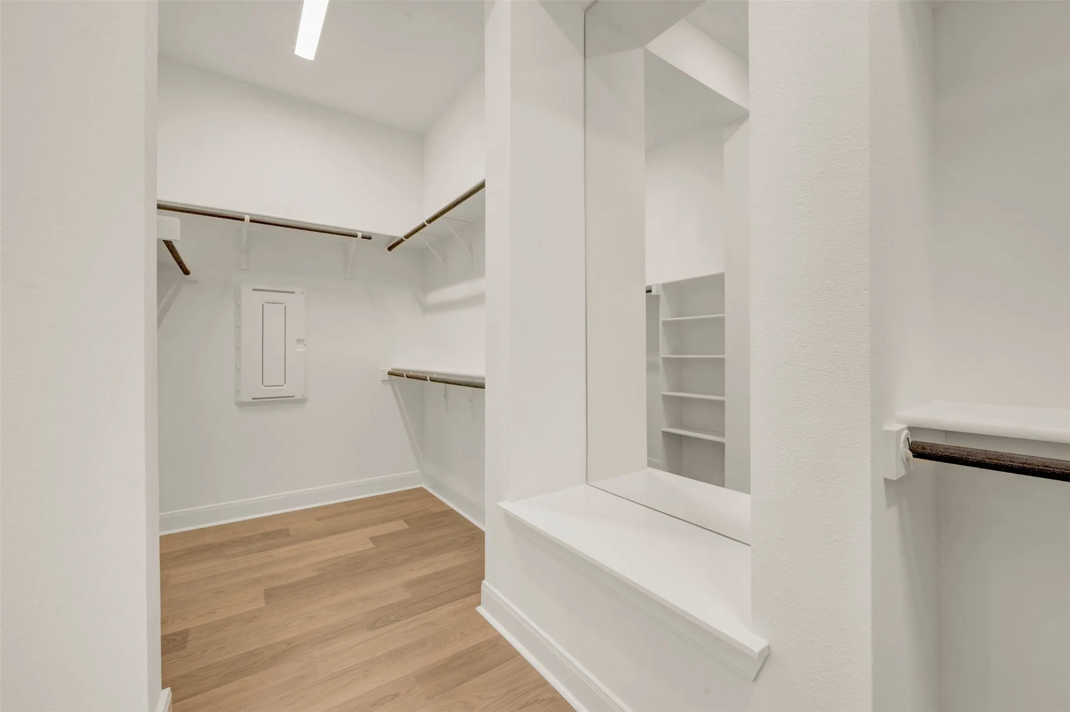 Walk-in closet featuring wood-finish flooring, built-in shelving, and a full-length mirror