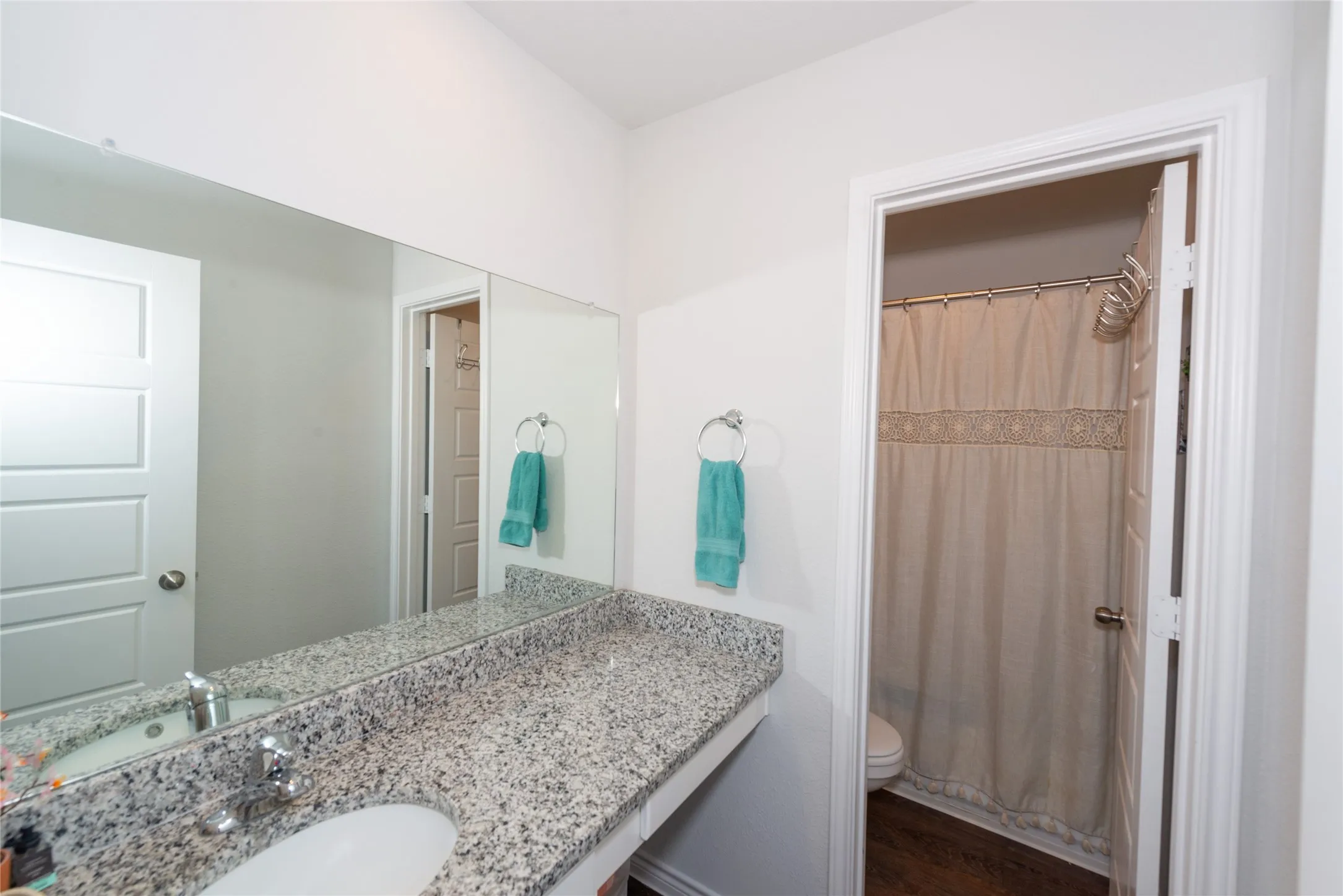Bathroom with a shower with shower curtain, vanity, and dark wood-type flooring