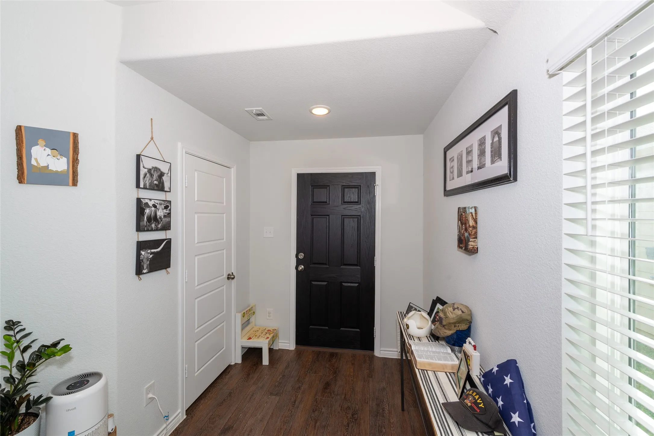 Foyer with dark wood-type flooring and baseboards