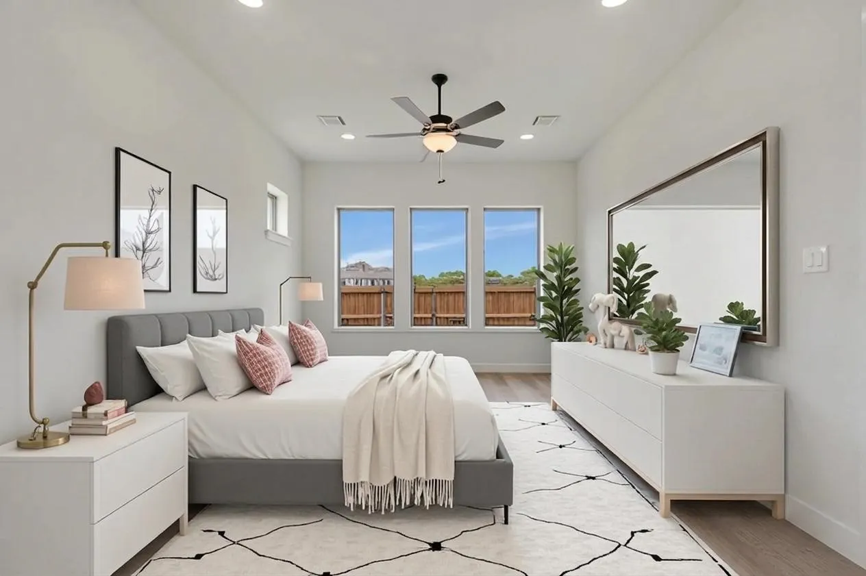 Recessed lighting, ceiling fan, wood-finish flooring, multiple windows, and high ceilings