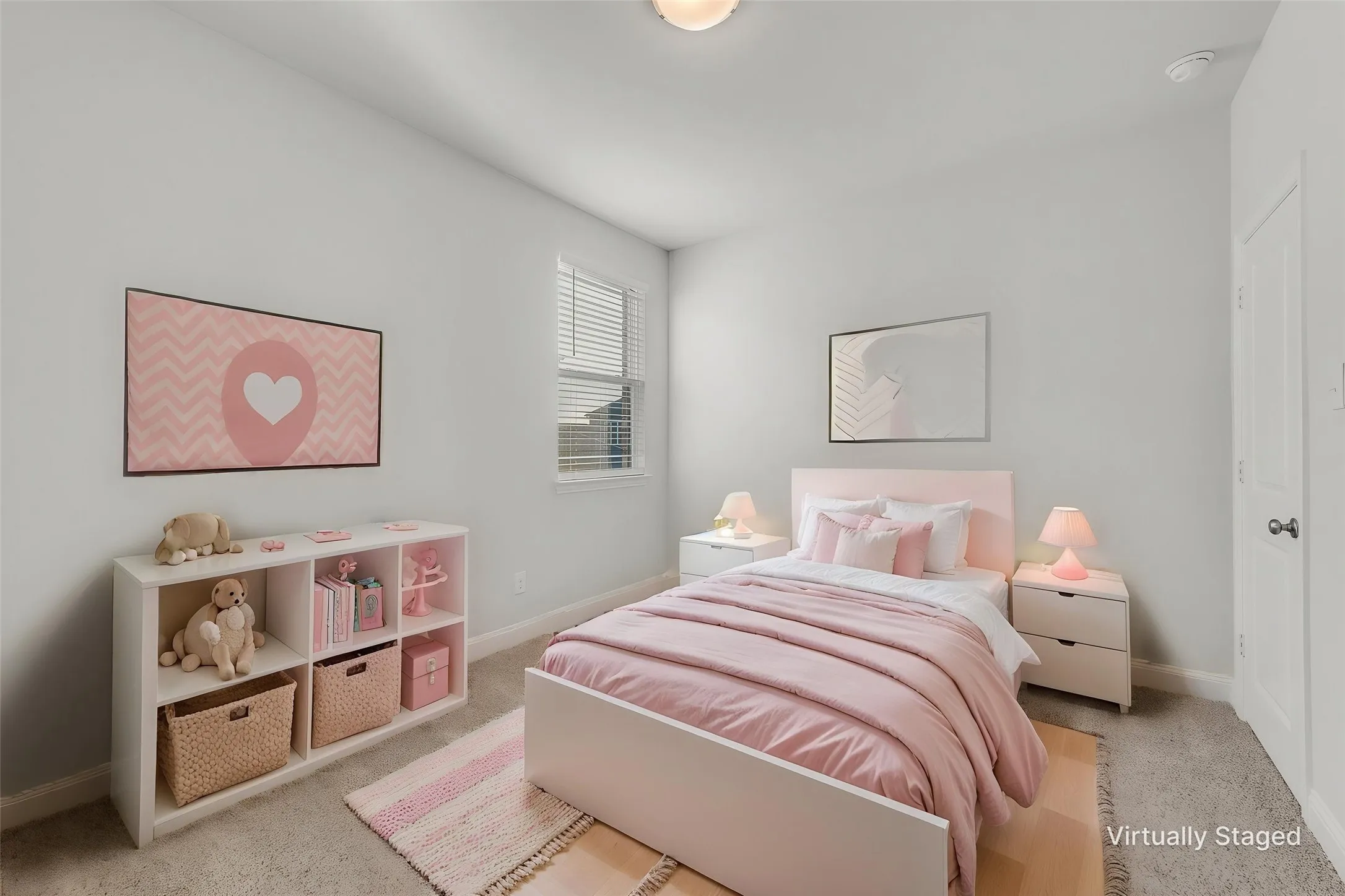 Neutral wall paint, window with blinds, carpeted flooring, and a white interior door