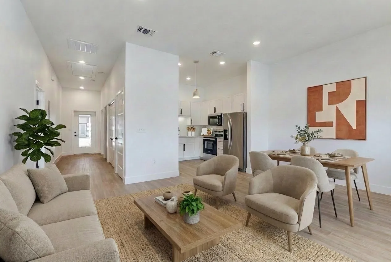 Independent Living Cottage Open Living Kitchen and Hallway View Virtually Staged for Furniture Placement Ideas
