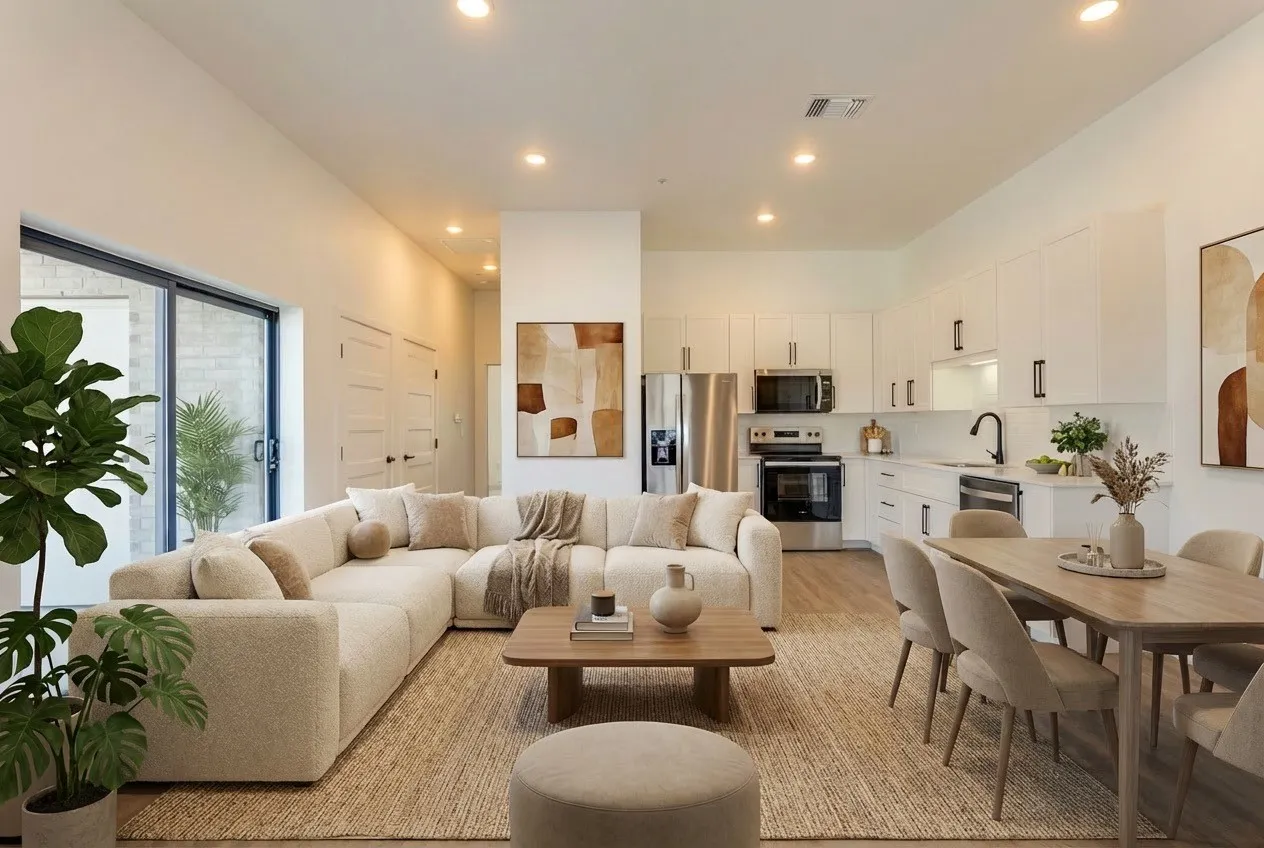 Independent Living Cottage Open Kitchen Floor Plan with Sliding Doors that Open to Outdoor Covered Patio. Virtually Staged for Furniture Placement Ideas