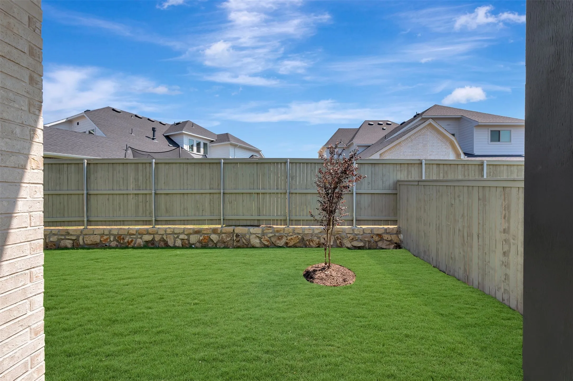 Expansive backyard featuring a manicured lawn, a young tree, and a full privacy fence