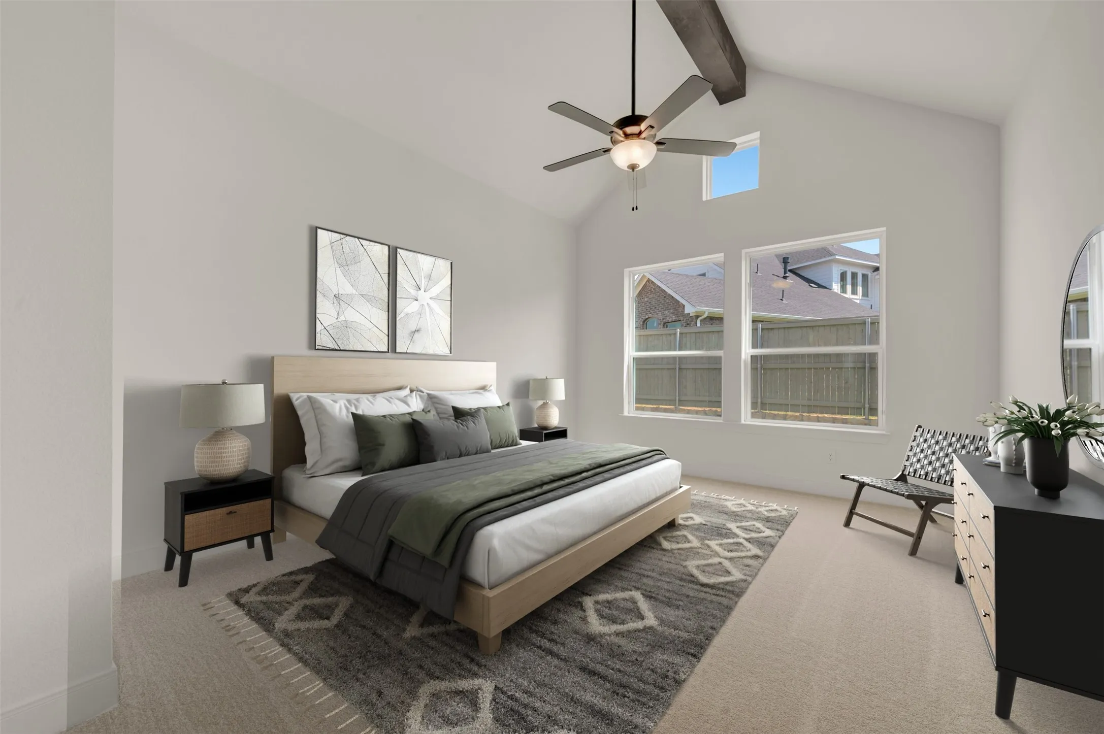 Vaulted ceiling with exposed wood beam and ceiling fan