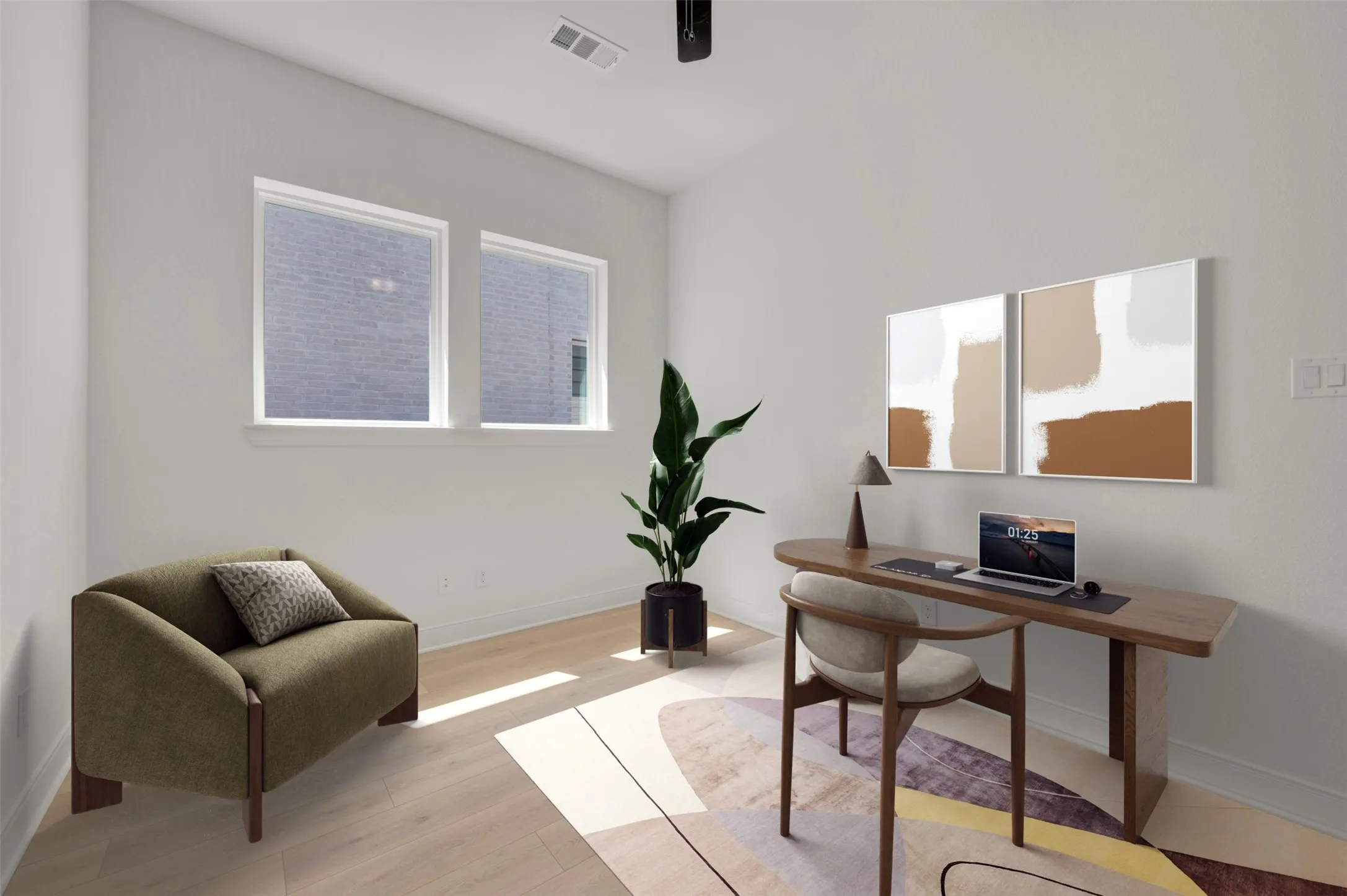 Light-filled interior space featuring two large windows, white walls, and wood-finish flooring