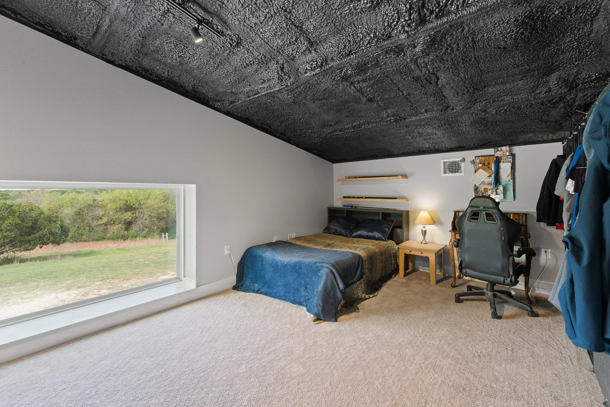 Carpeted Loft featuring baseboards and track lighting