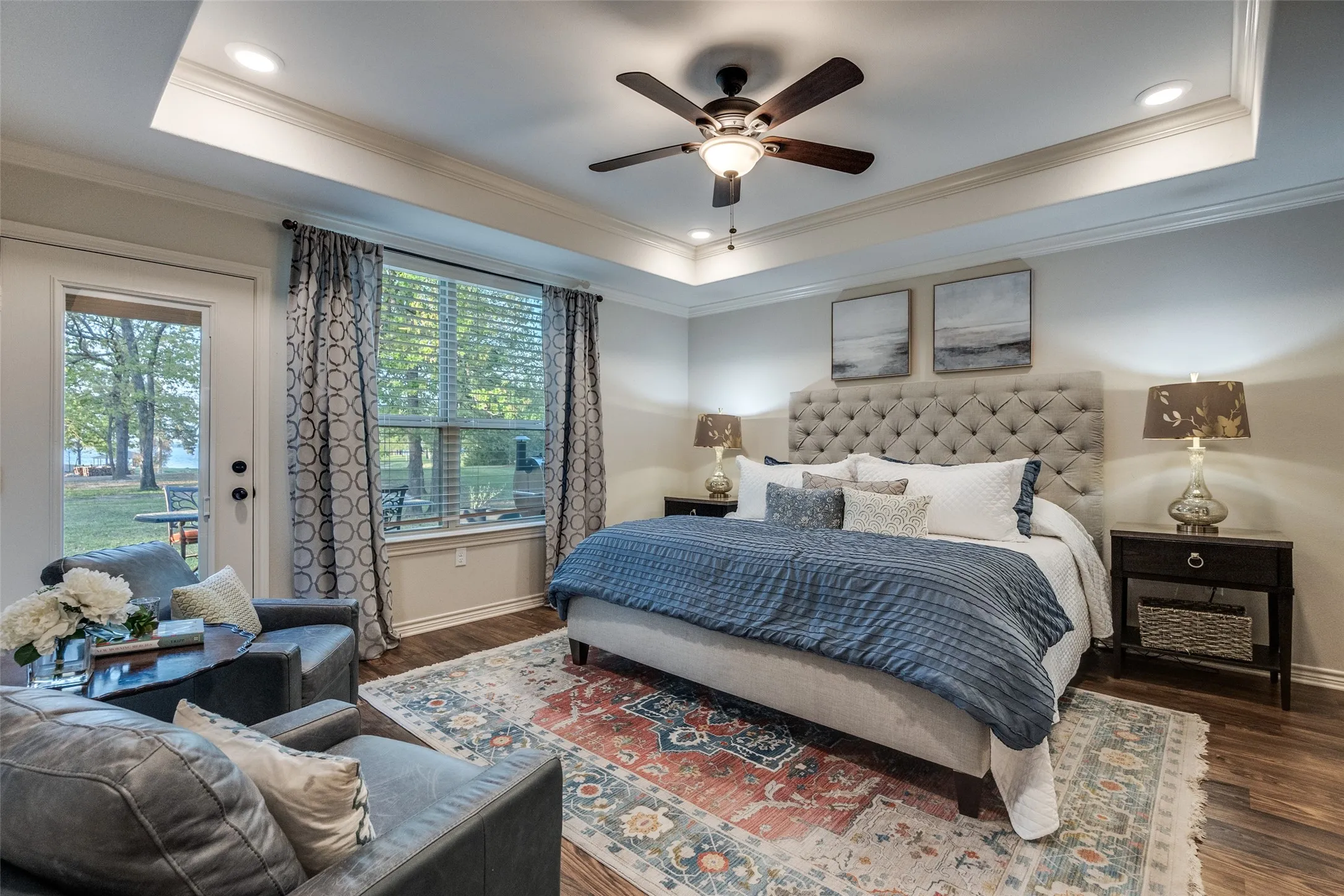 Bedroom with ornamental molding, access to outside, dark wood-style floors, a ceiling fan, and recessed lighting
