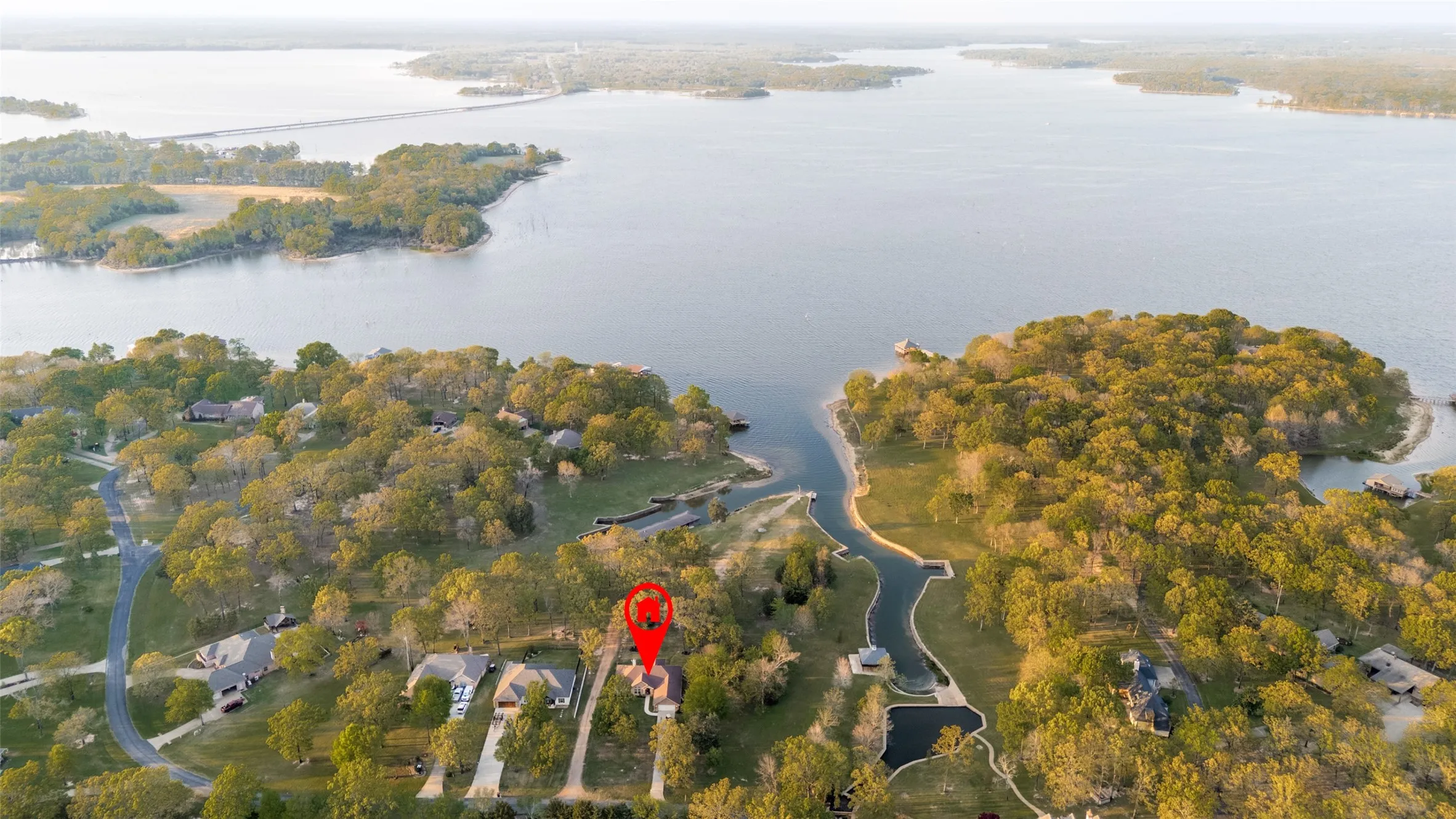 Aerial view of a nearby body of water