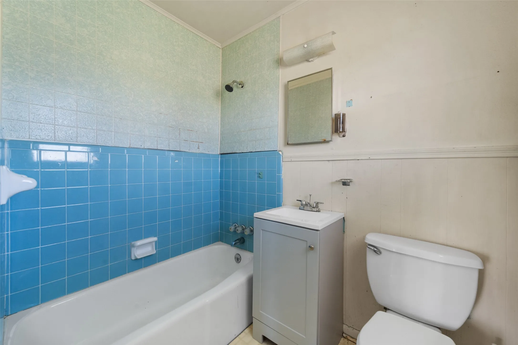 Bathroom featuring vanity, a wainscoted wall, and a shower / tub combination