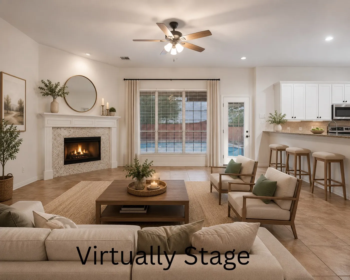 Living area featuring a corner fireplace with tile surround and mantel, tile flooring, ceiling fan, and a bar seating area with pendant lighting and white cabinetry