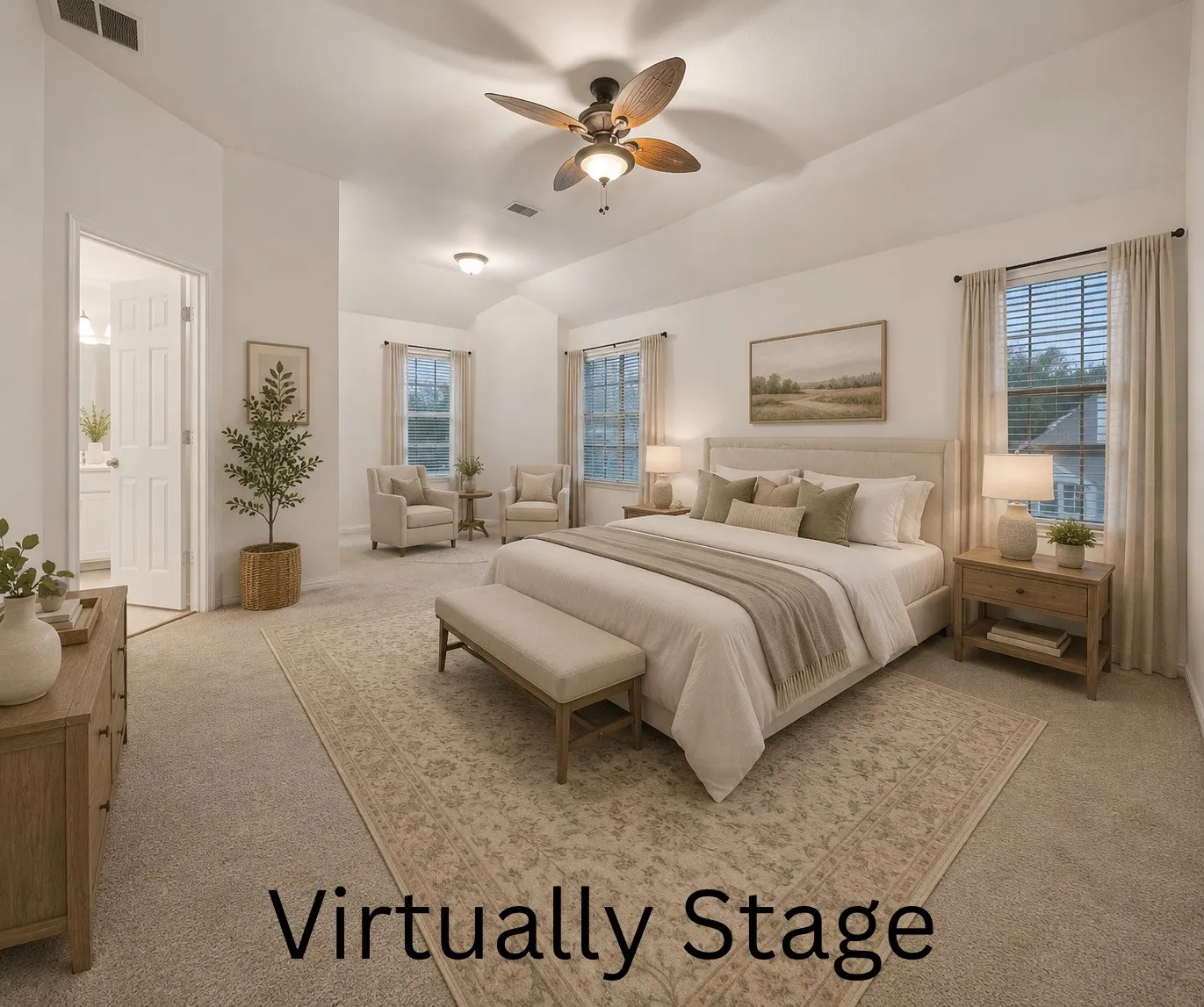Spacious room featuring carpeted flooring, a ceiling fan with integrated lighting, recessed lighting, and a tray ceiling