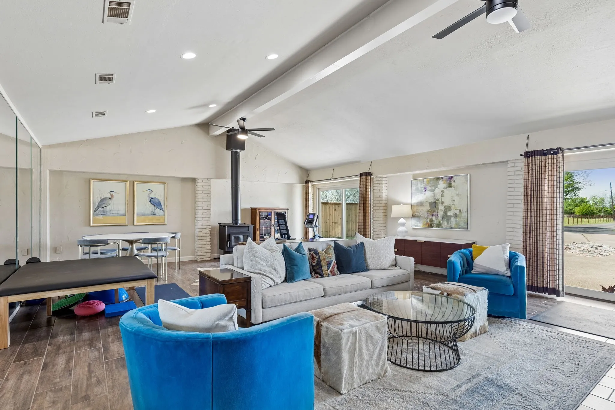 Exercise room, media room with wood burning stove
