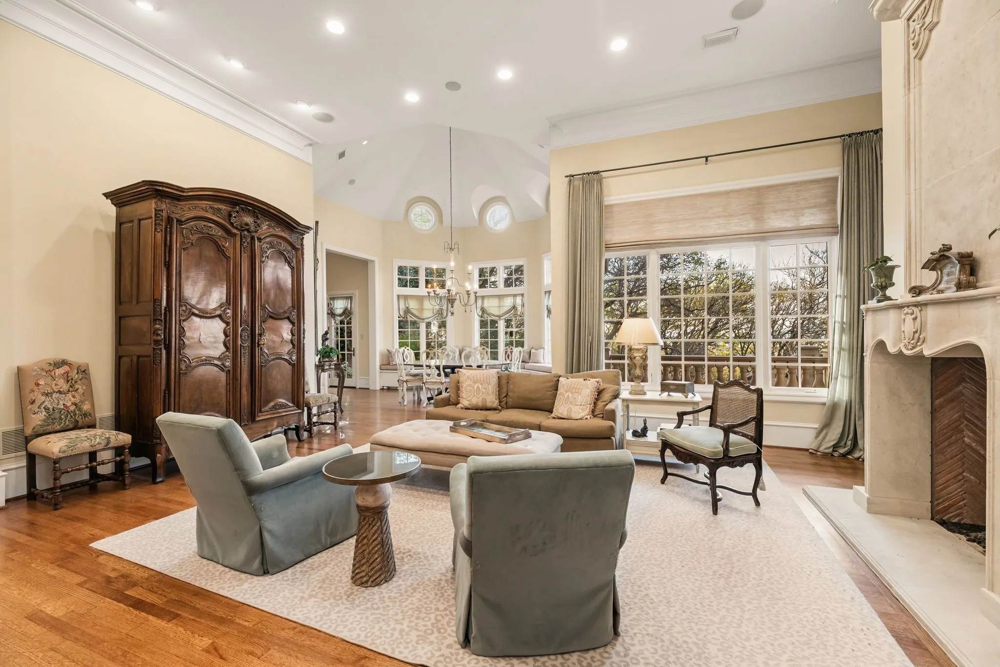 Family room with attached dining area that can be viewed from kitchen