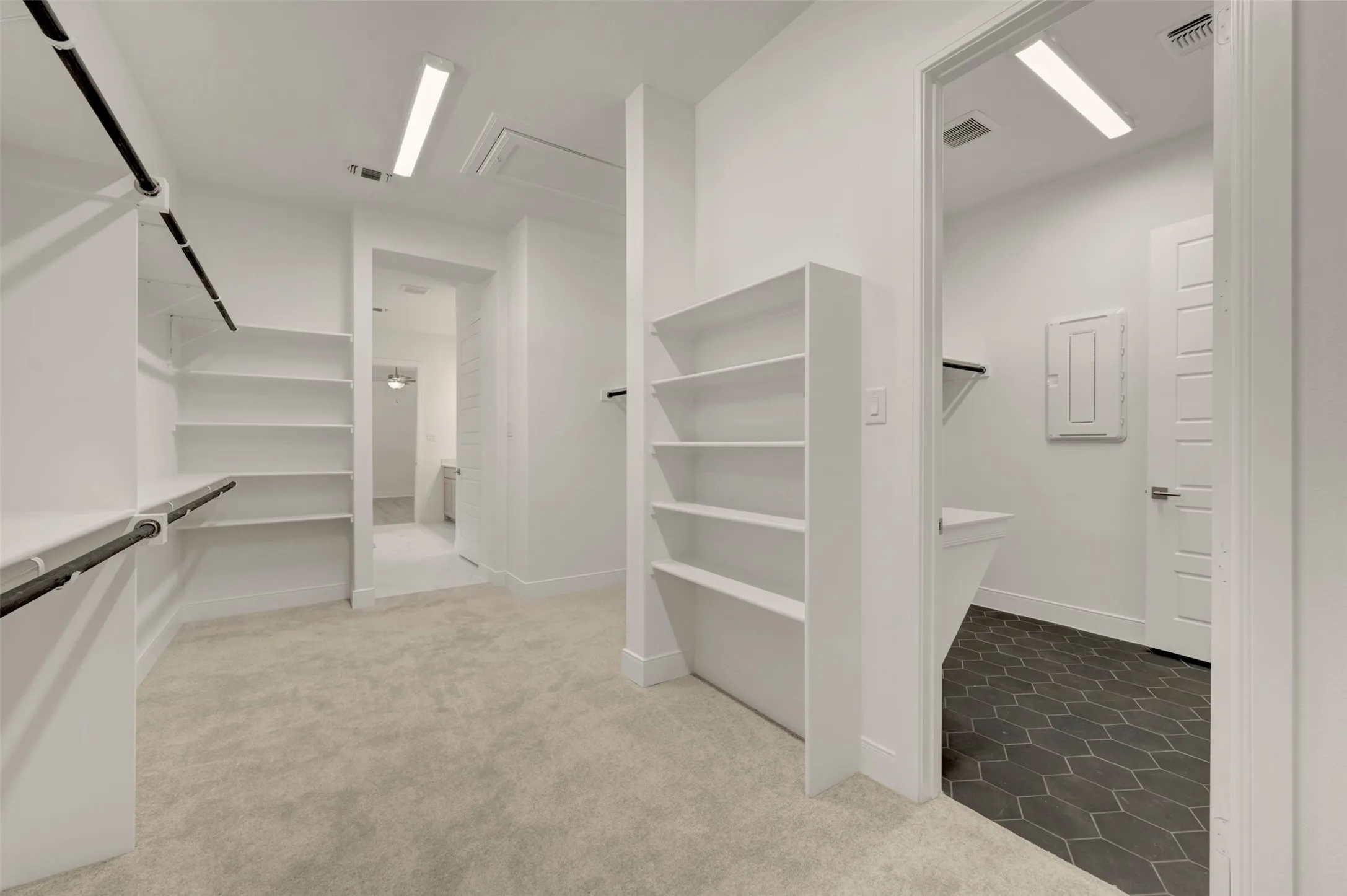 Walk-in closet featuring built-in shelving, hanging rods, and carpet flooring