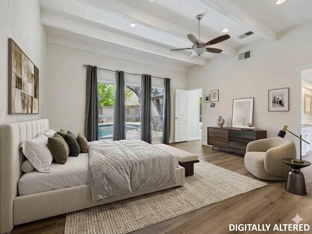 Vaulted ceiling room featuring wood-finish flooring, recessed lighting, and a ceiling fan