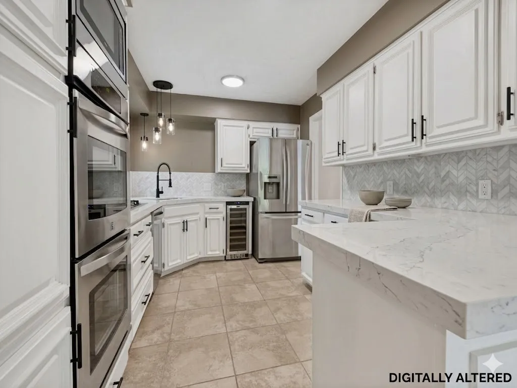 Virtual Staging -Updated countertops and backsplash Kitchen featuring white shaker cabinetry, stainless steel appliances, light-colored countertops, and tile flooring.