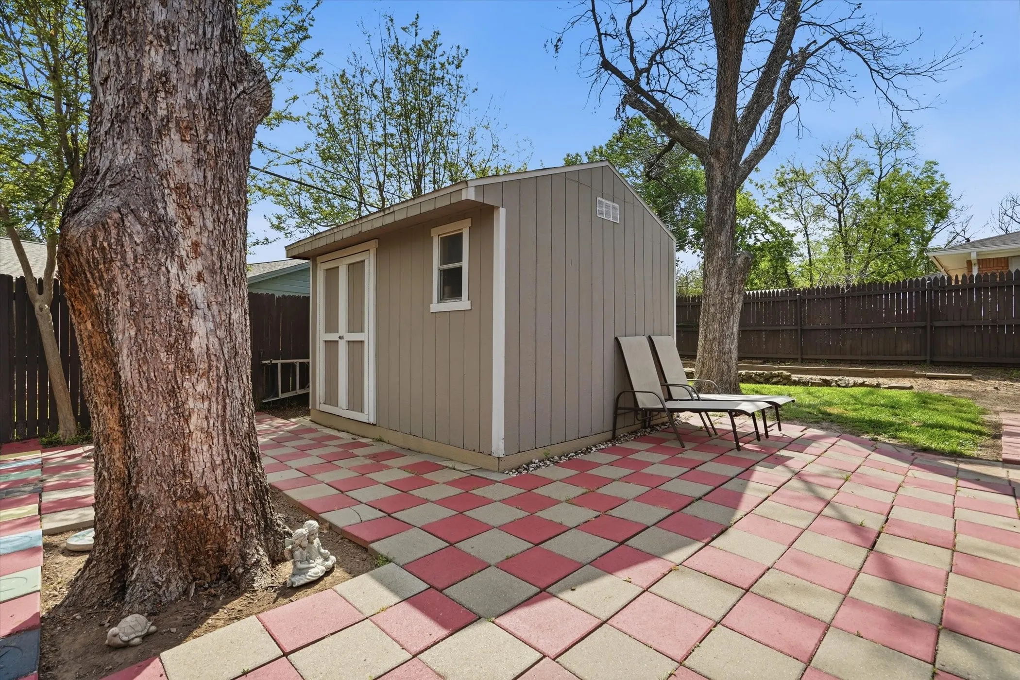 View of shed with a fenced backyard