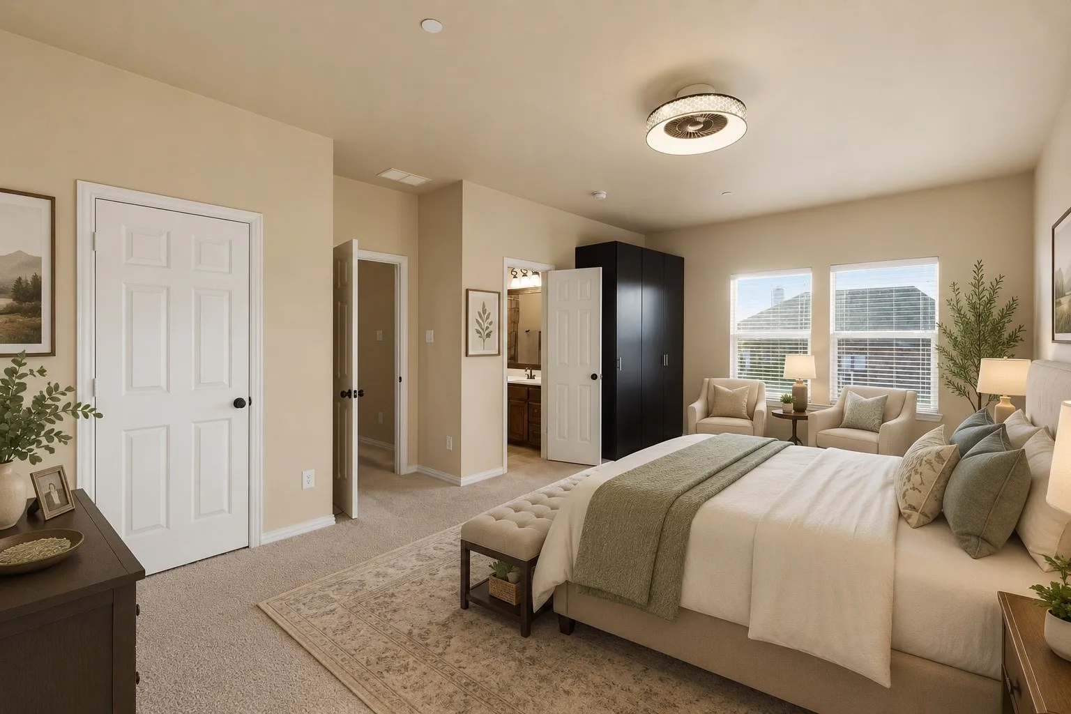 Virtually Staged Carpeted bedroom featuring multiple windows with blinds, a ceiling-mounted light fixture, and a neutral color palette