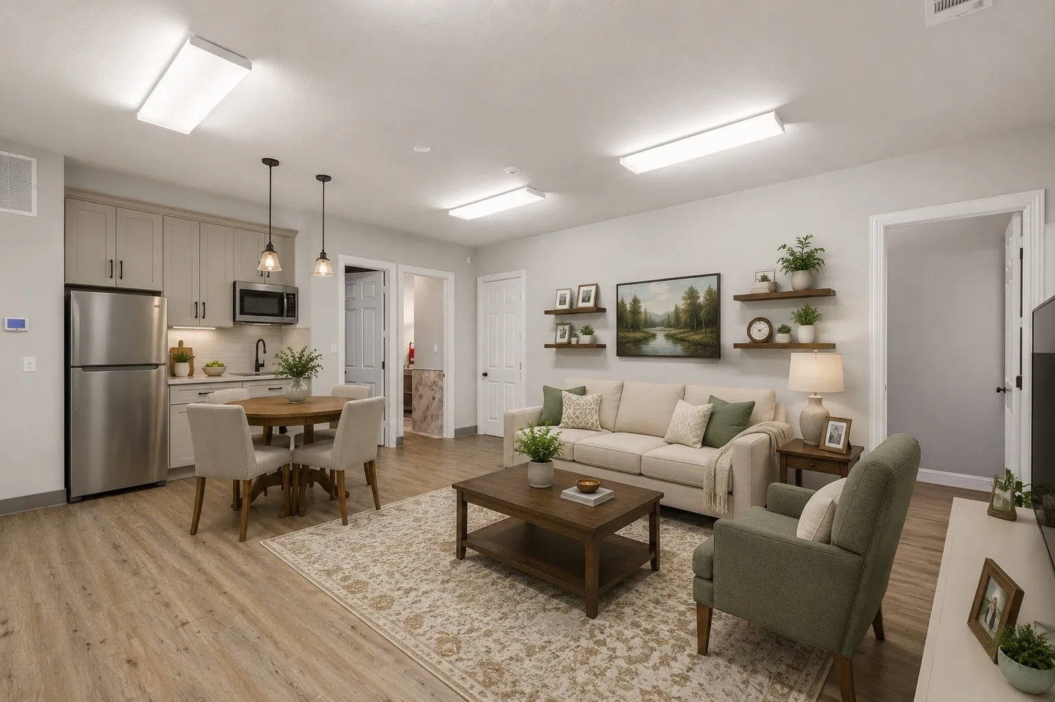 Virtually Staged Open-concept living space featuring wood-finish flooring, recessed lighting, and a neutral color palette