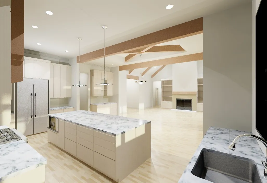 Rendered representation of kitchen and living