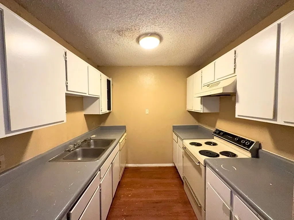 Kitchen with electric range, dishwasher, and refrigerator
