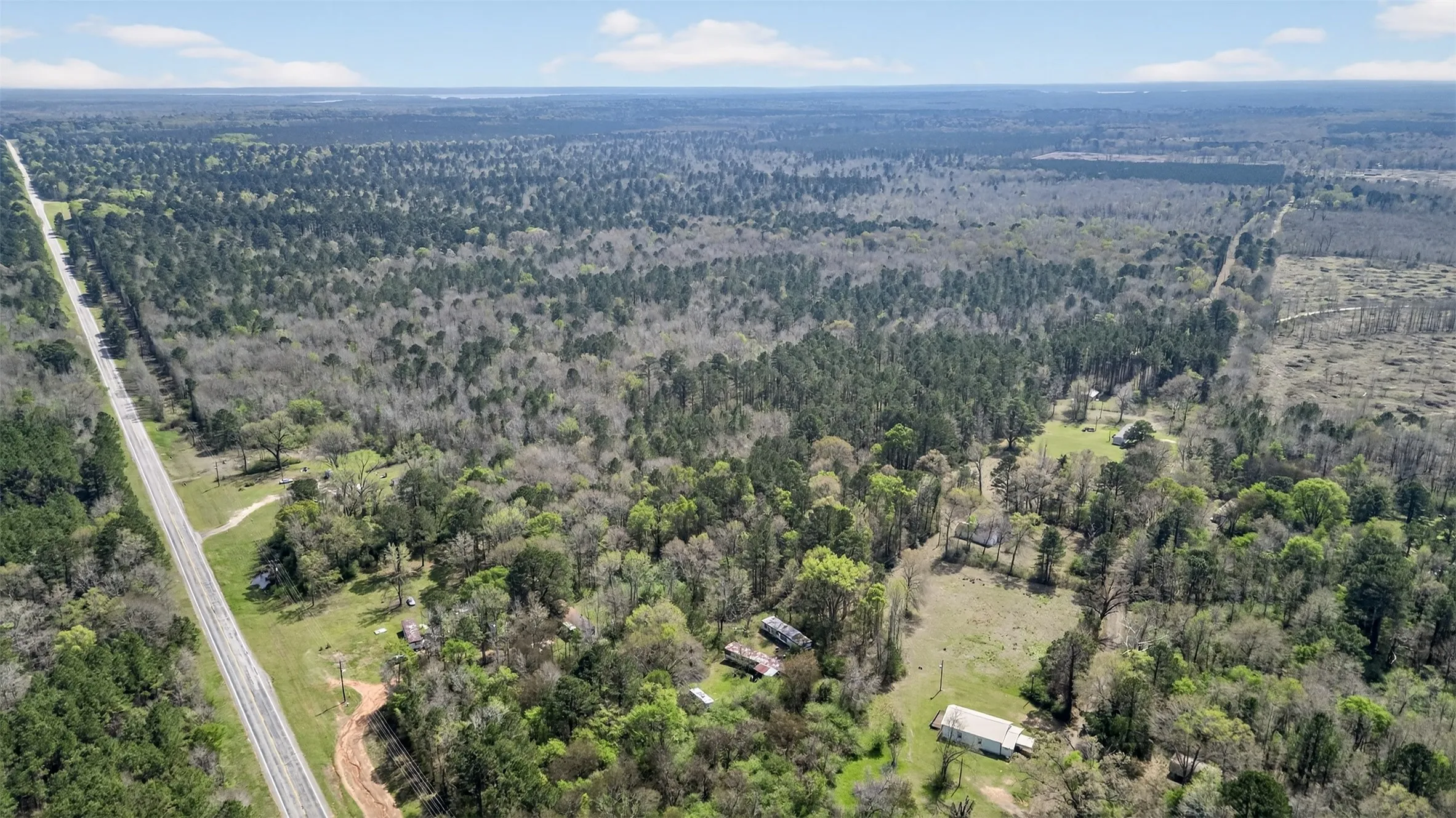Aerial view of a heavily wooded area