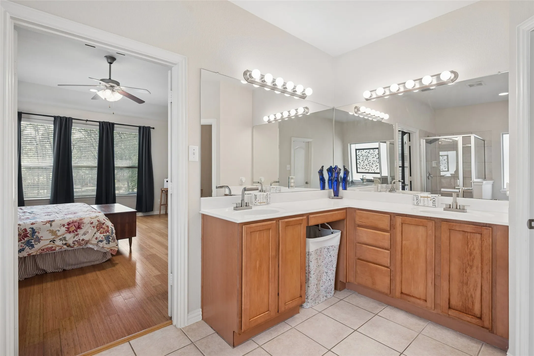 Primary bathroom with double sinks & vanities