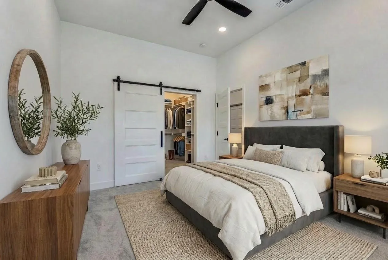 Independent Living Cottage Bedroom with Walk-In Closet.  Virtually Staged