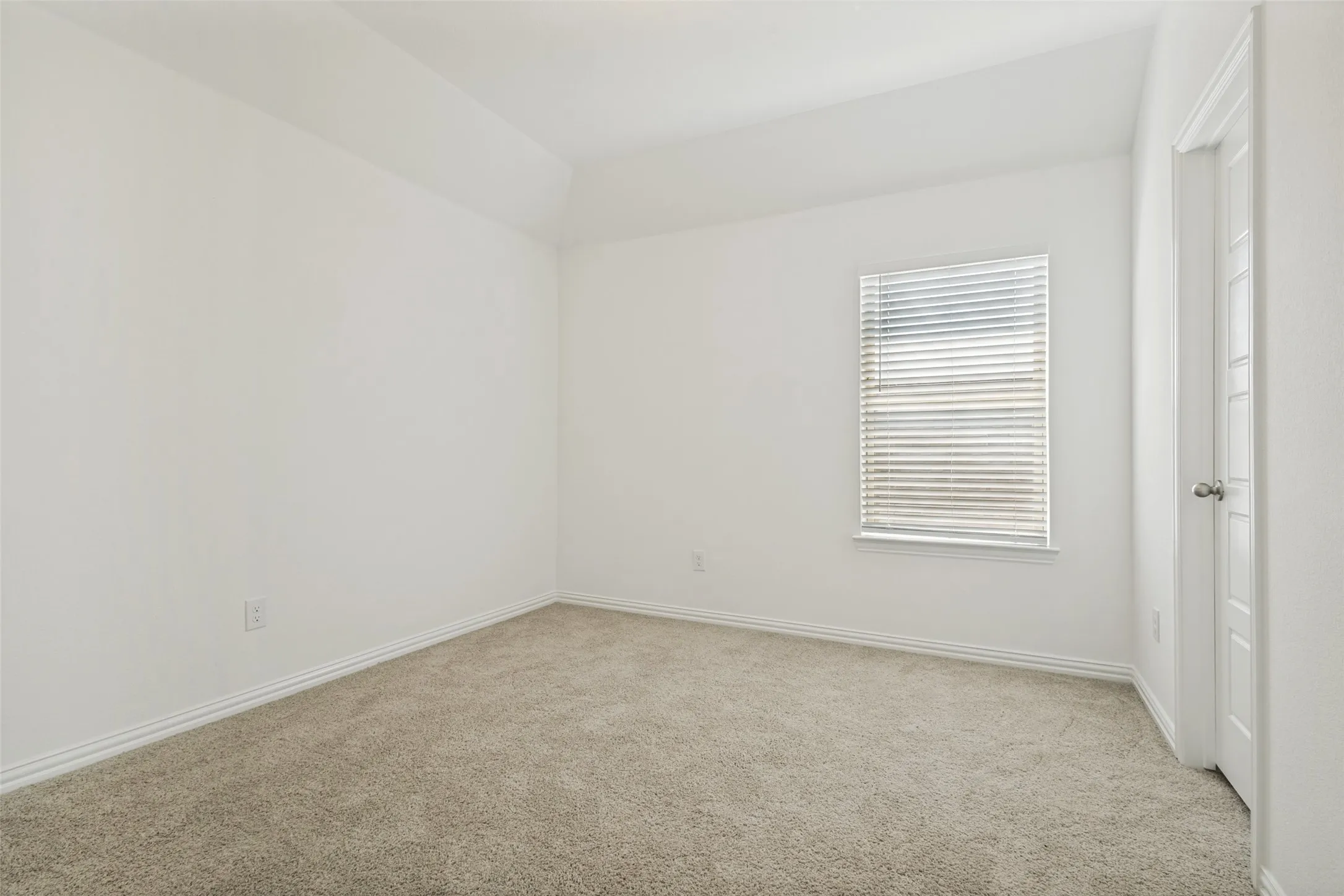 Carpeted room featuring a single window with blinds, white trim, and a white paneled door