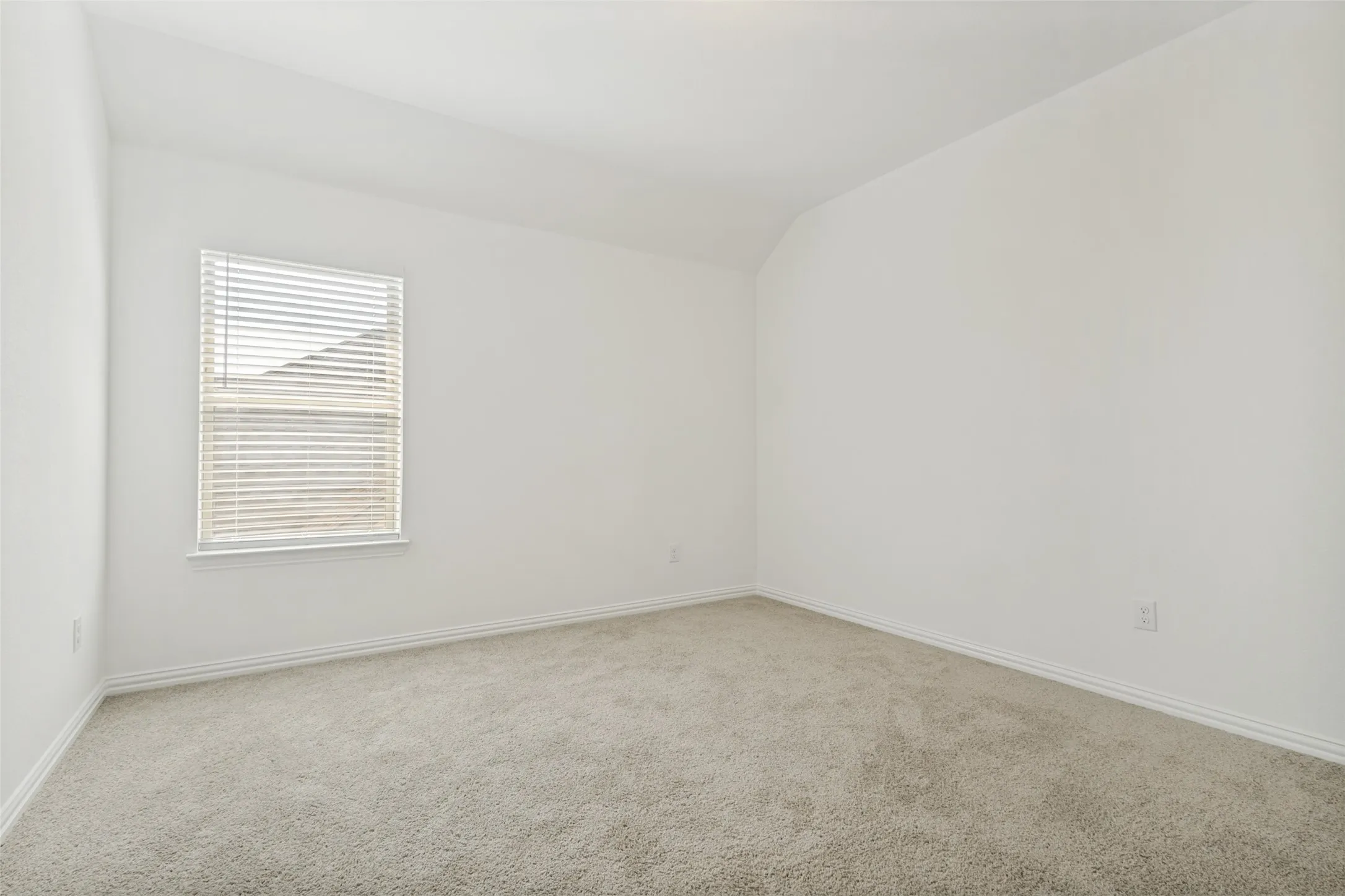 Carpeted room featuring a single window with blinds, white walls, and a white baseboard trim