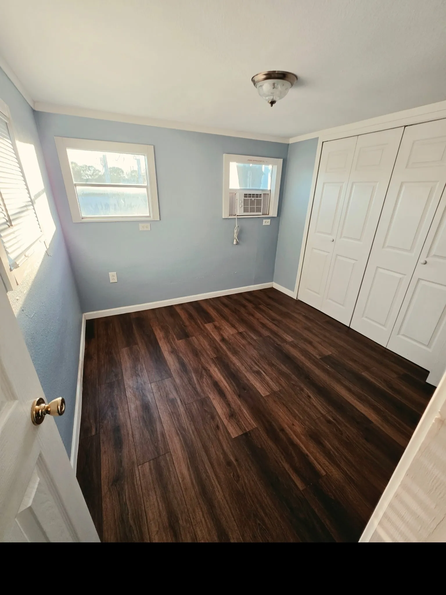 Room featuring wood-finish flooring, two large windows with blinds, a ceiling-mounted light fixture, and bifold closet doors