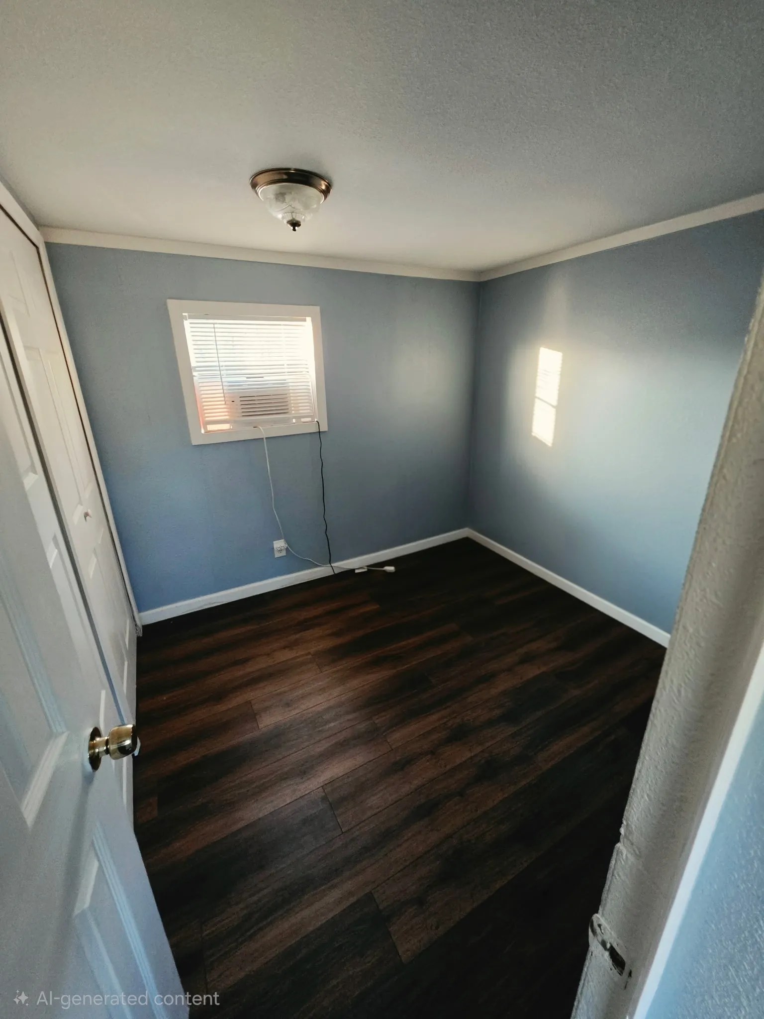 Room featuring wood-finish flooring, a single window with blinds, and light blue wall tones