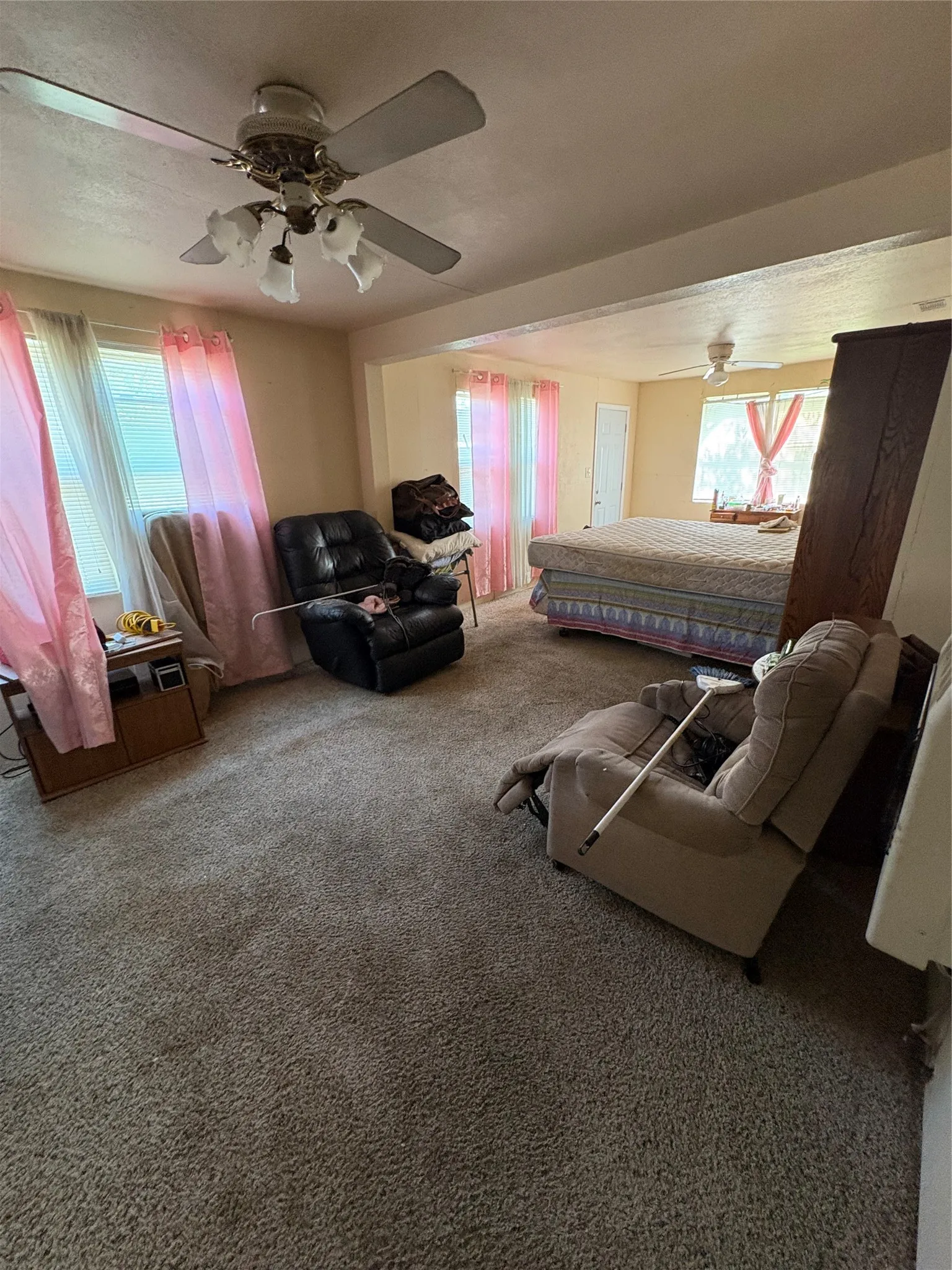 Master Bedroom with ceiling fan, carpet flooring, and multiple windows