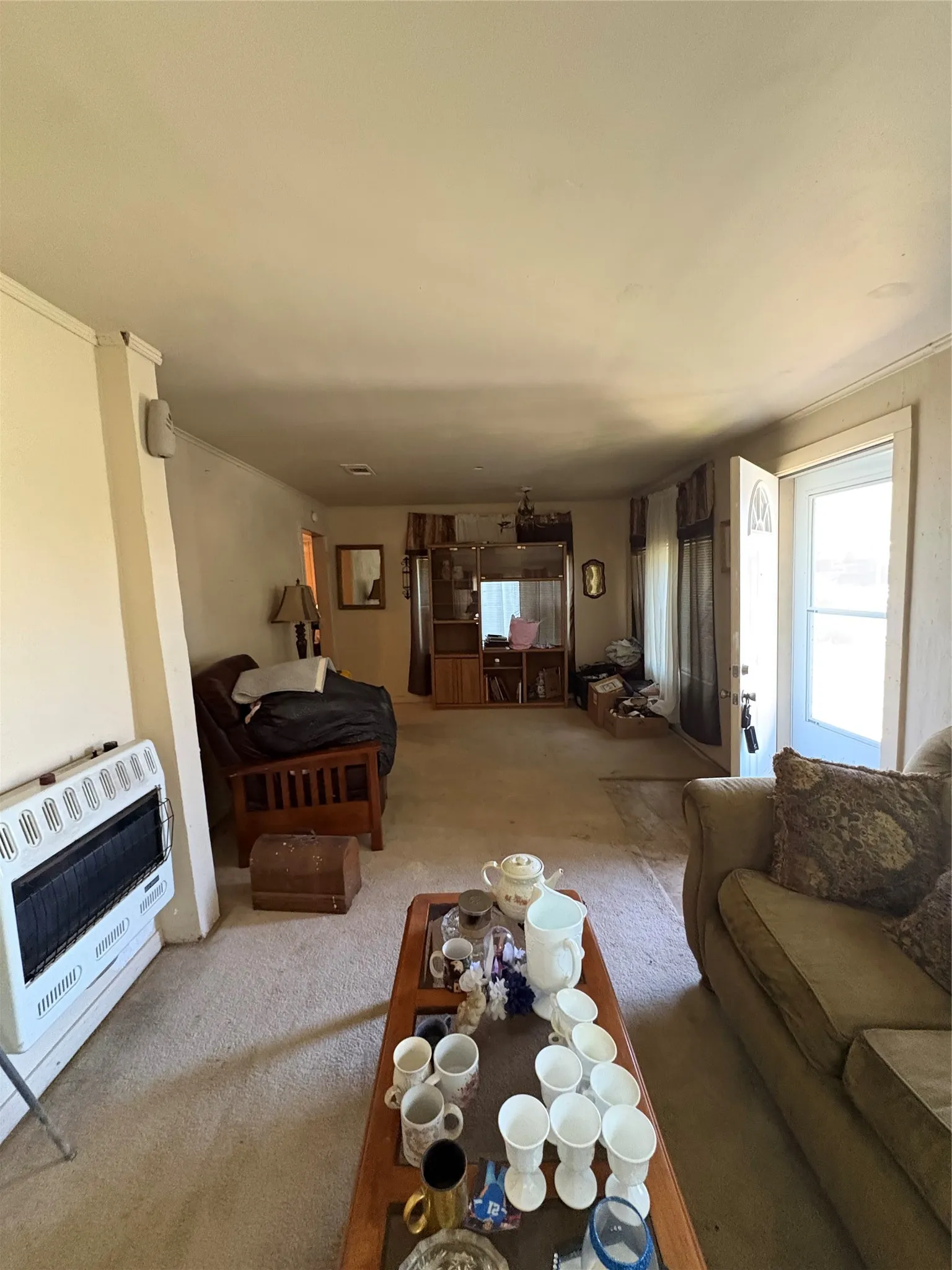 Living room with heating unit, light carpet.