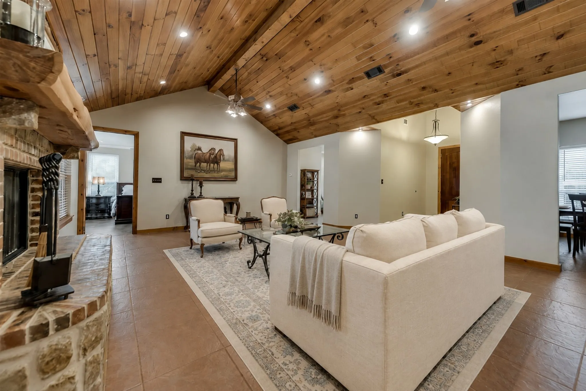 Great room with vaulted cedar ceiling.
