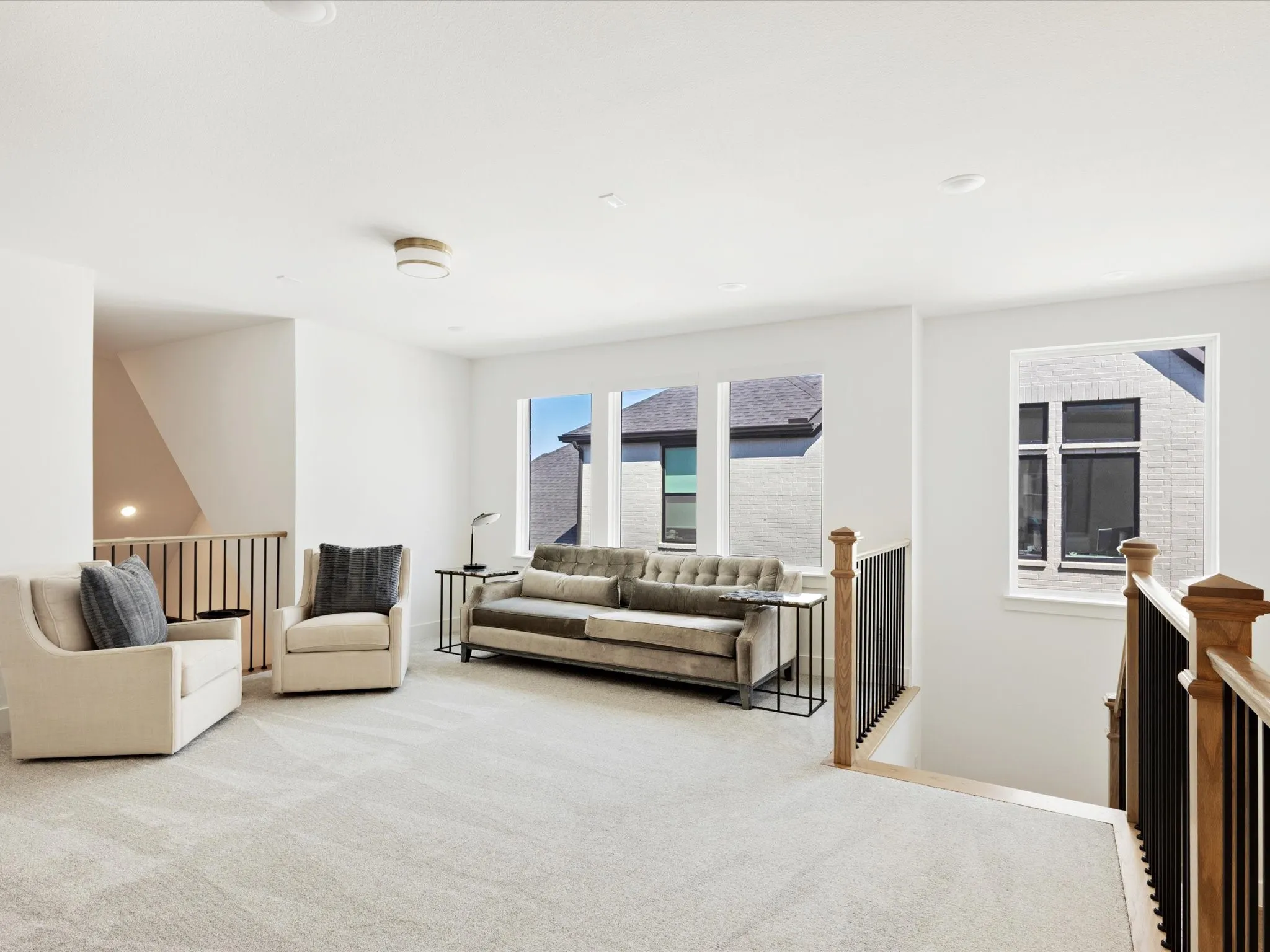 Living room with light colored carpet