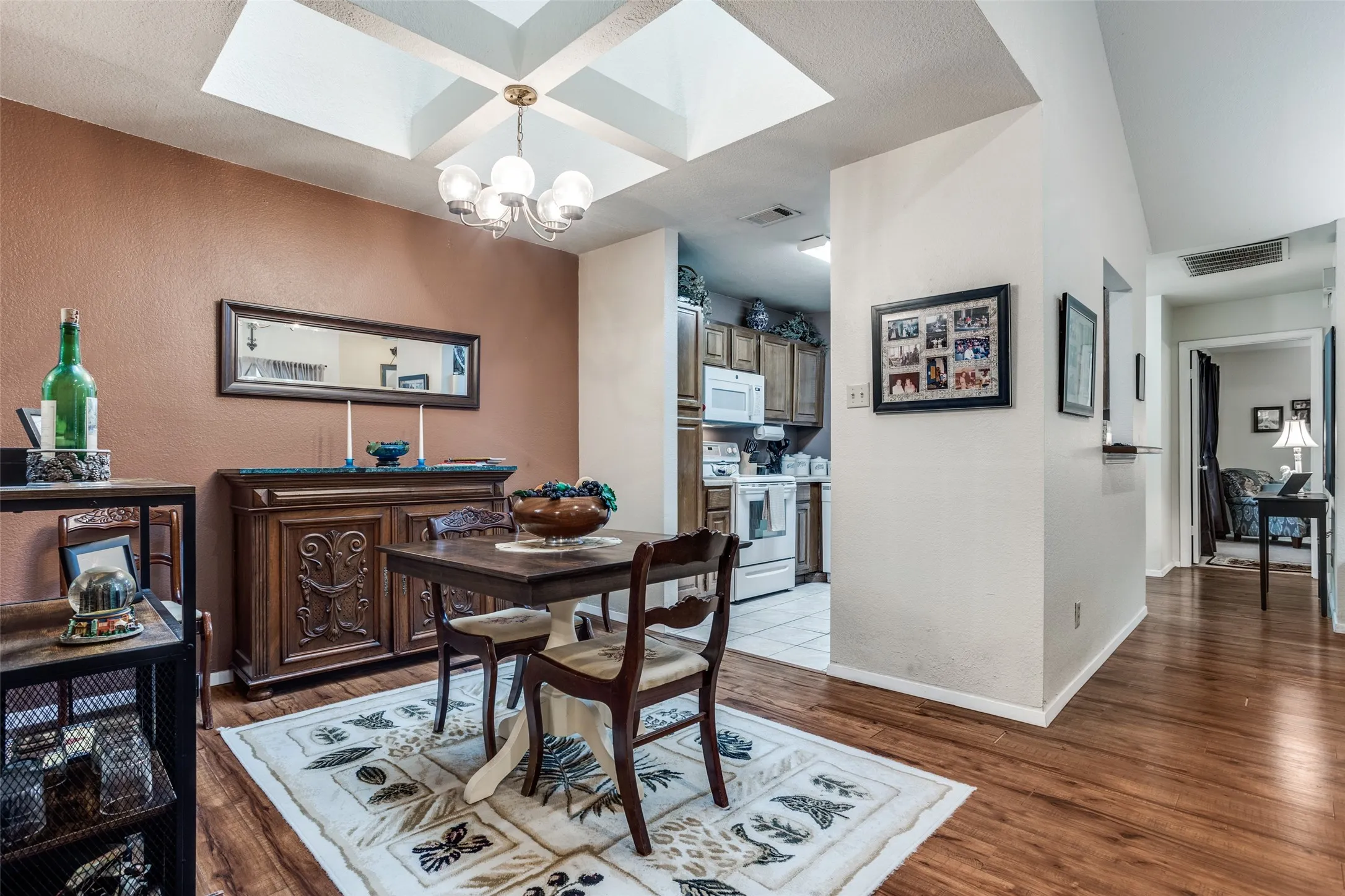 Dining room with skylight.