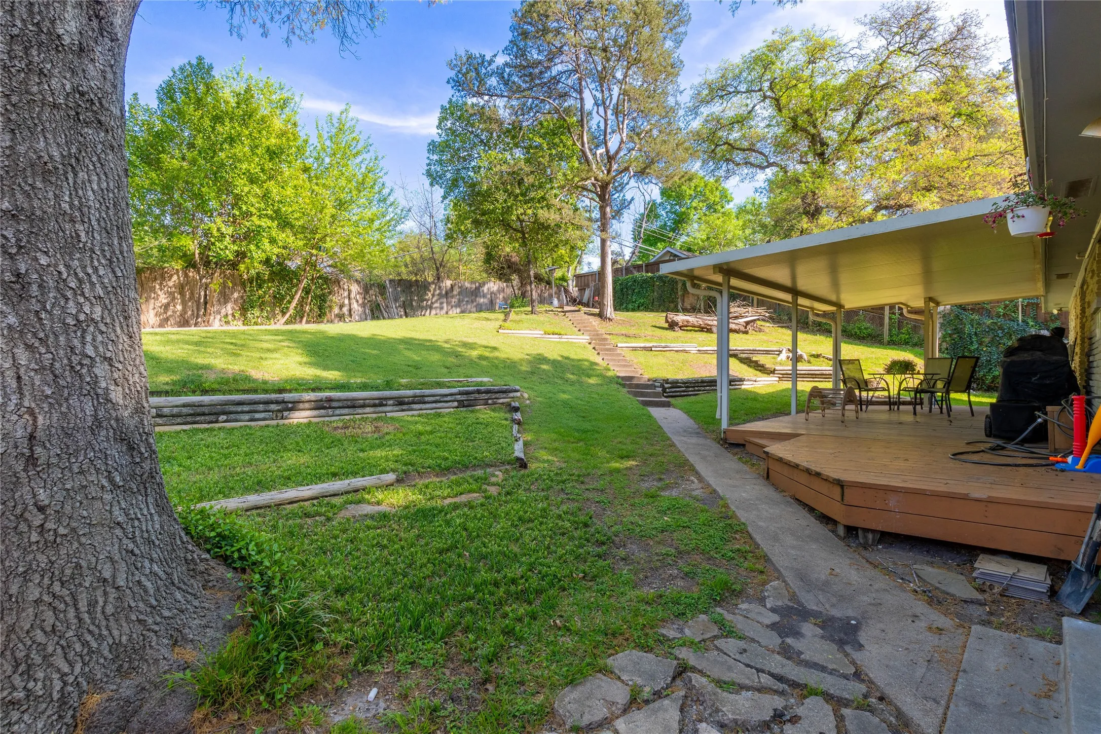 Fenced backyard with a deck