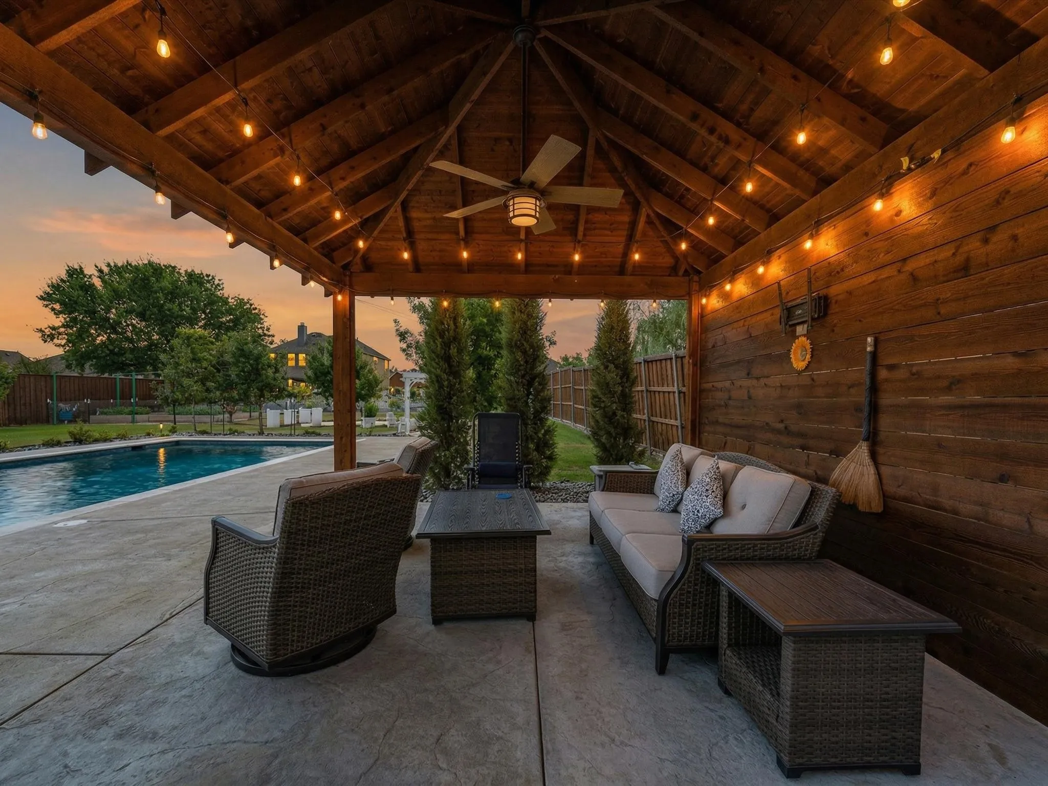 Patio terrace at dusk with a patio area, a fenced backyard, an outdoor hangout area, and a ceiling fan