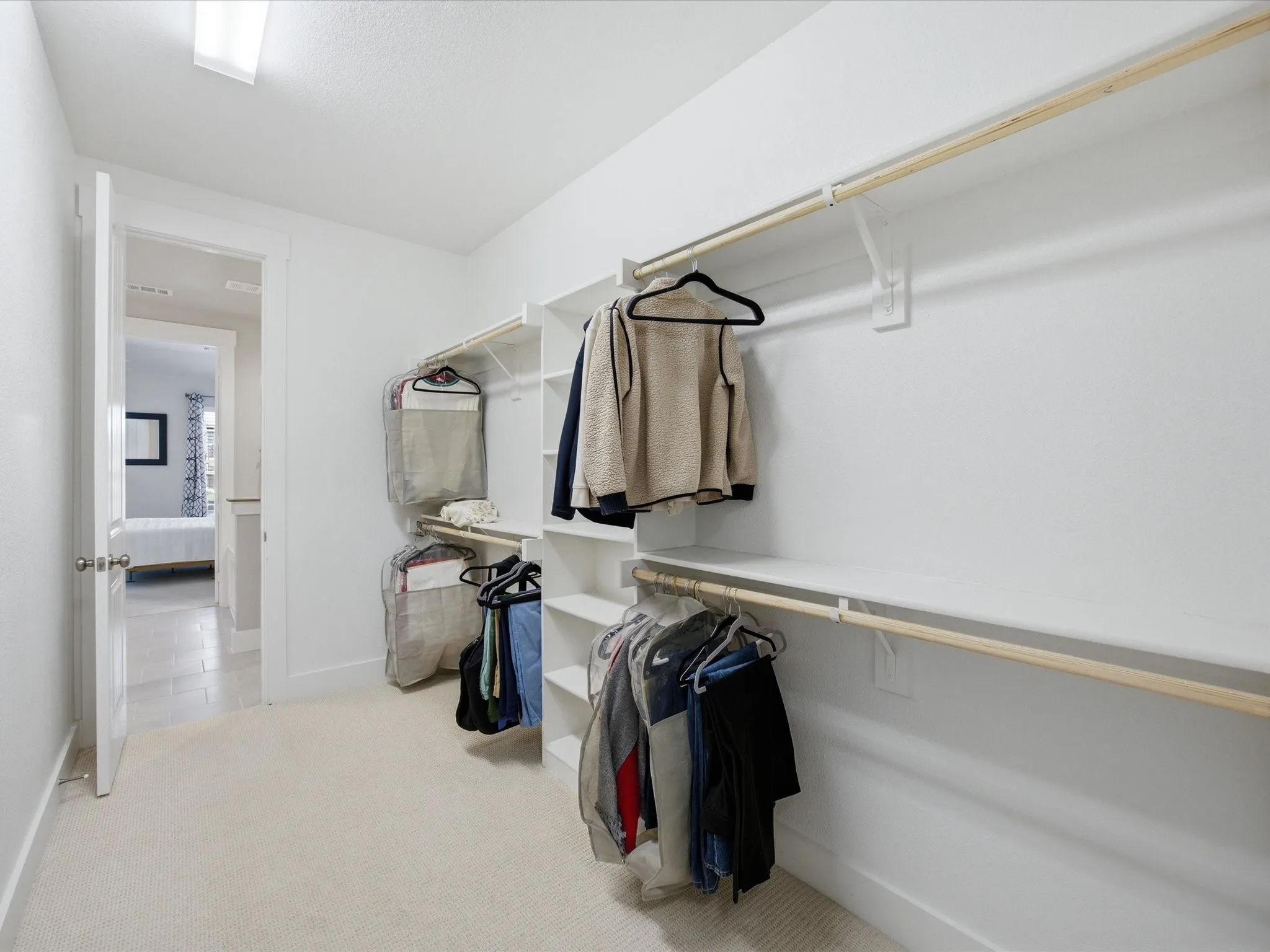 Walk in closet with light colored carpet