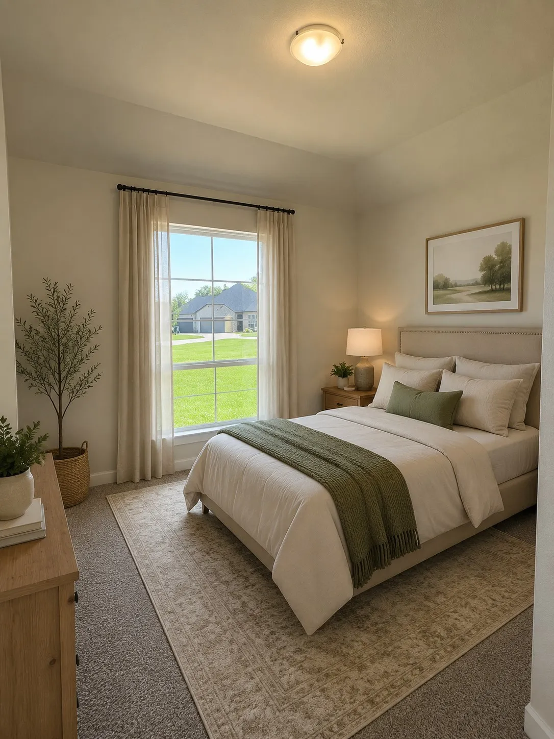 Carpeted room with a large window, a ceiling-mounted light fixture, and neutral wall tones