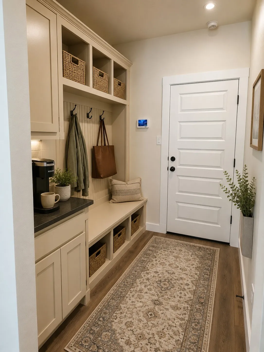 Virtually staged mudroom bench area