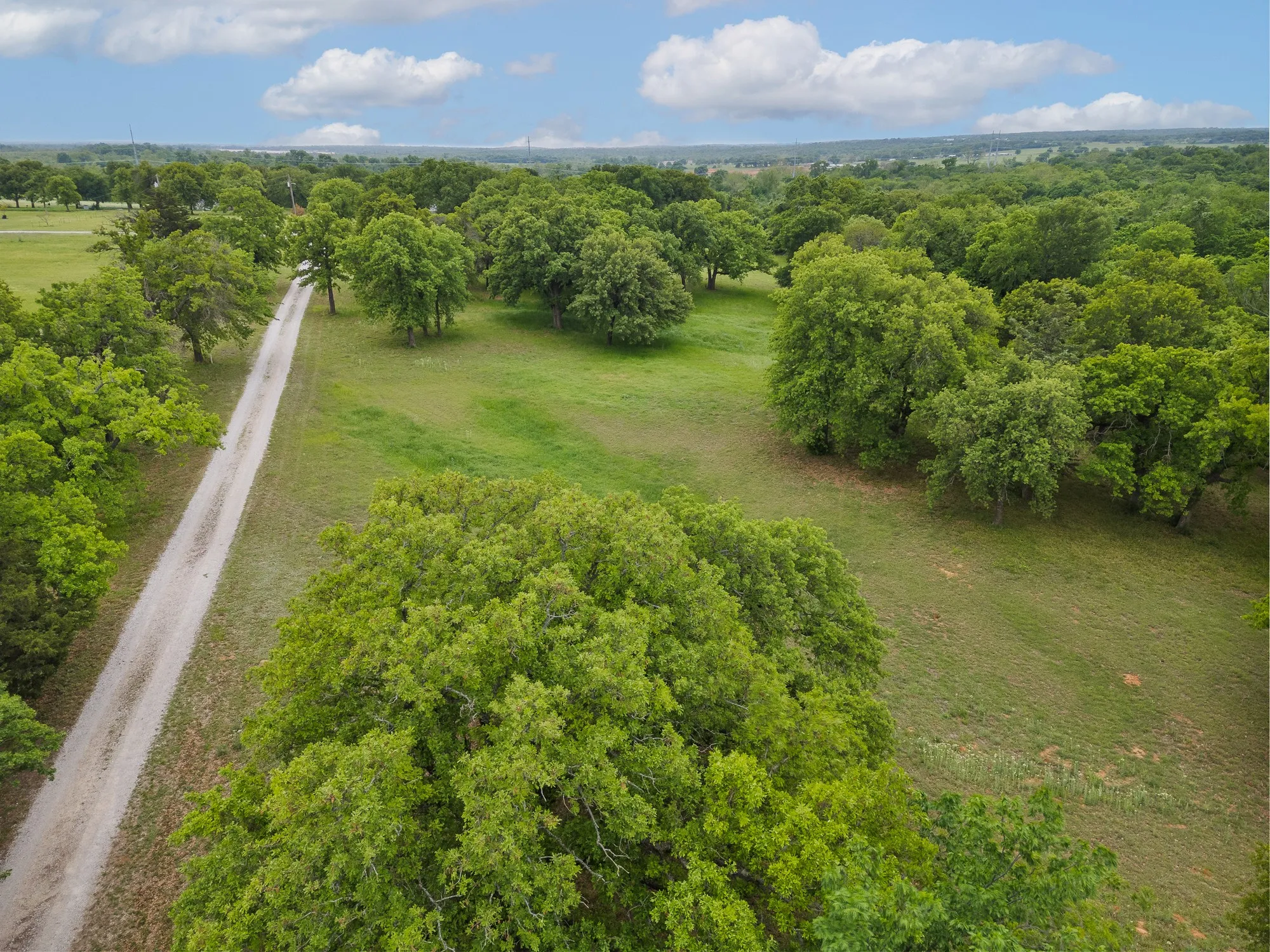 The property features a long gravel driveway, surrounded by mature trees and expansive green spaces