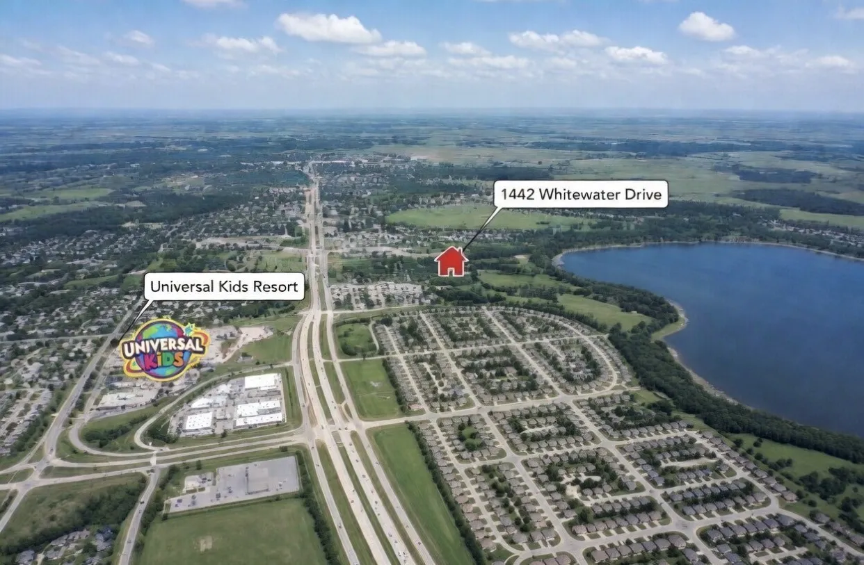 Aerial view from home to Universal kids approximate location.