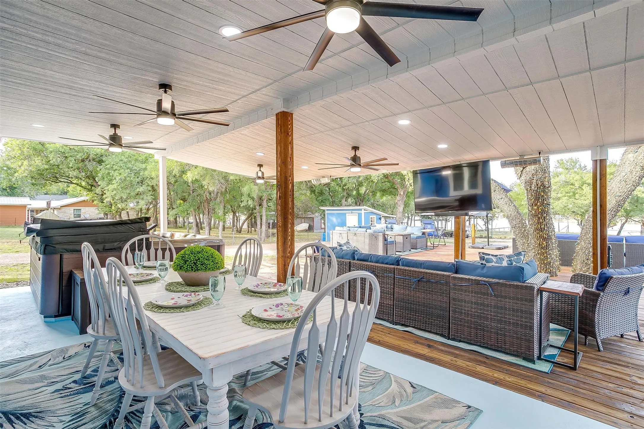 View of patio / terrace featuring outdoor lounge area, ceiling fan, and a deck